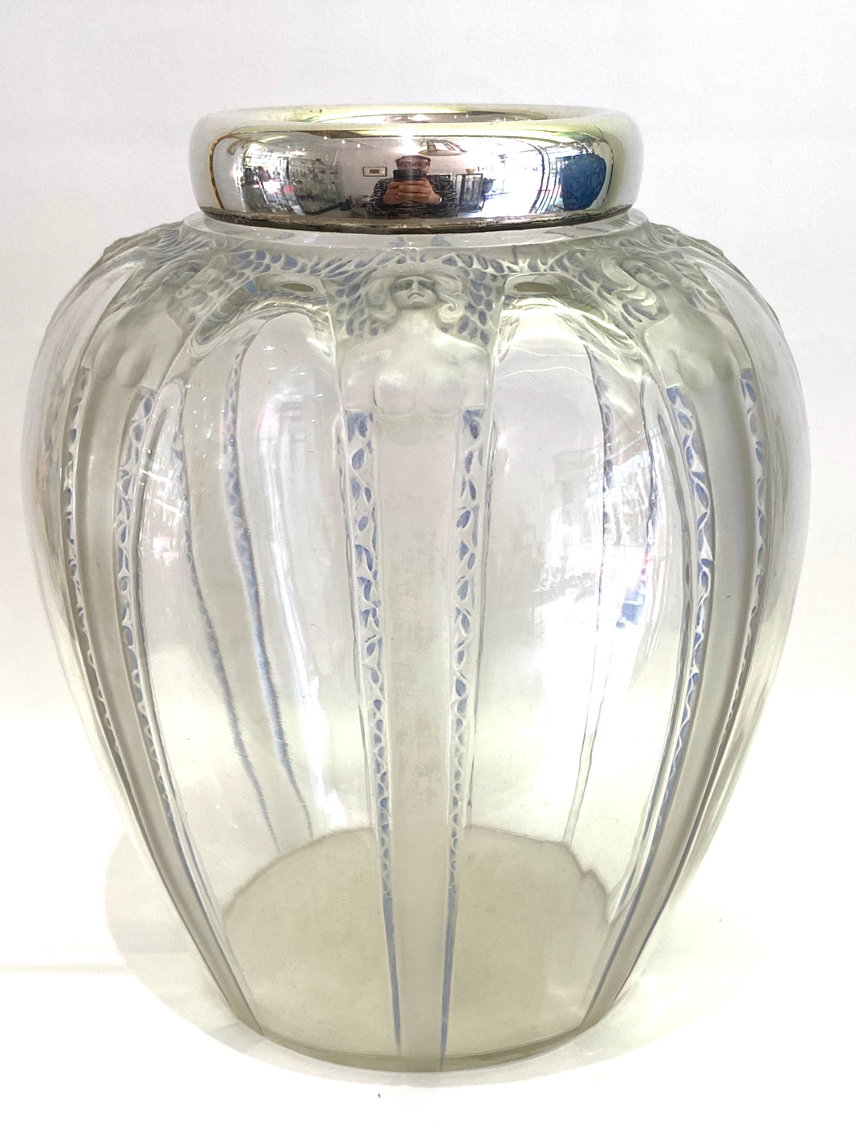 Art Deco 1920 René Lalique Cariatides Vase Glass with Blue Stain Silver Rim