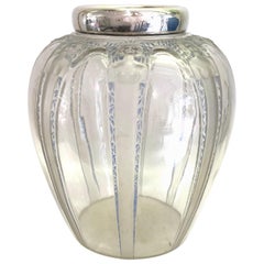 1920 René Lalique Cariatides Vase Glass with Blue Stain Silver Rim