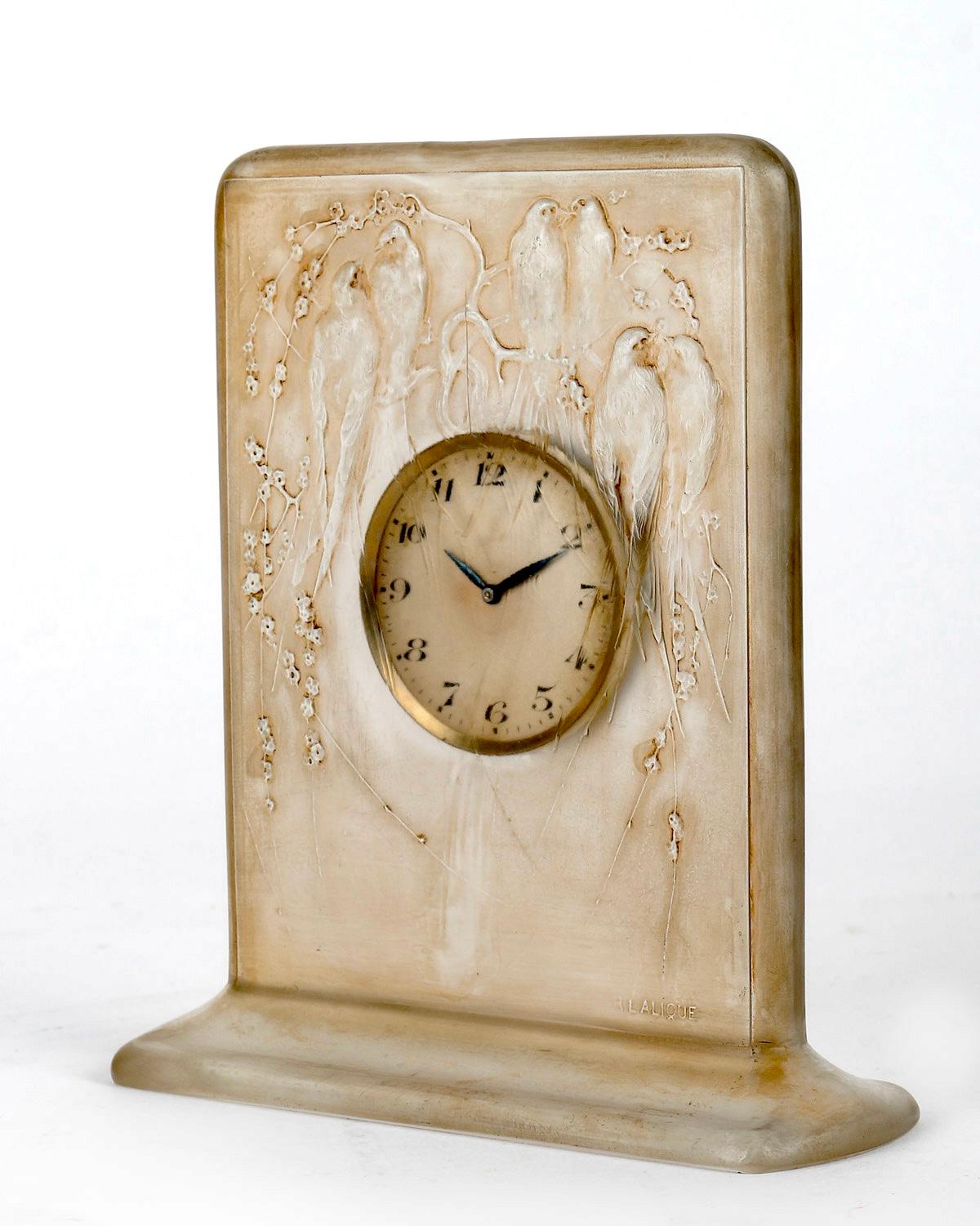Art Deco 1920 René Lalique Clock Six Hirondelles Glass Mechanical Movement Swallows