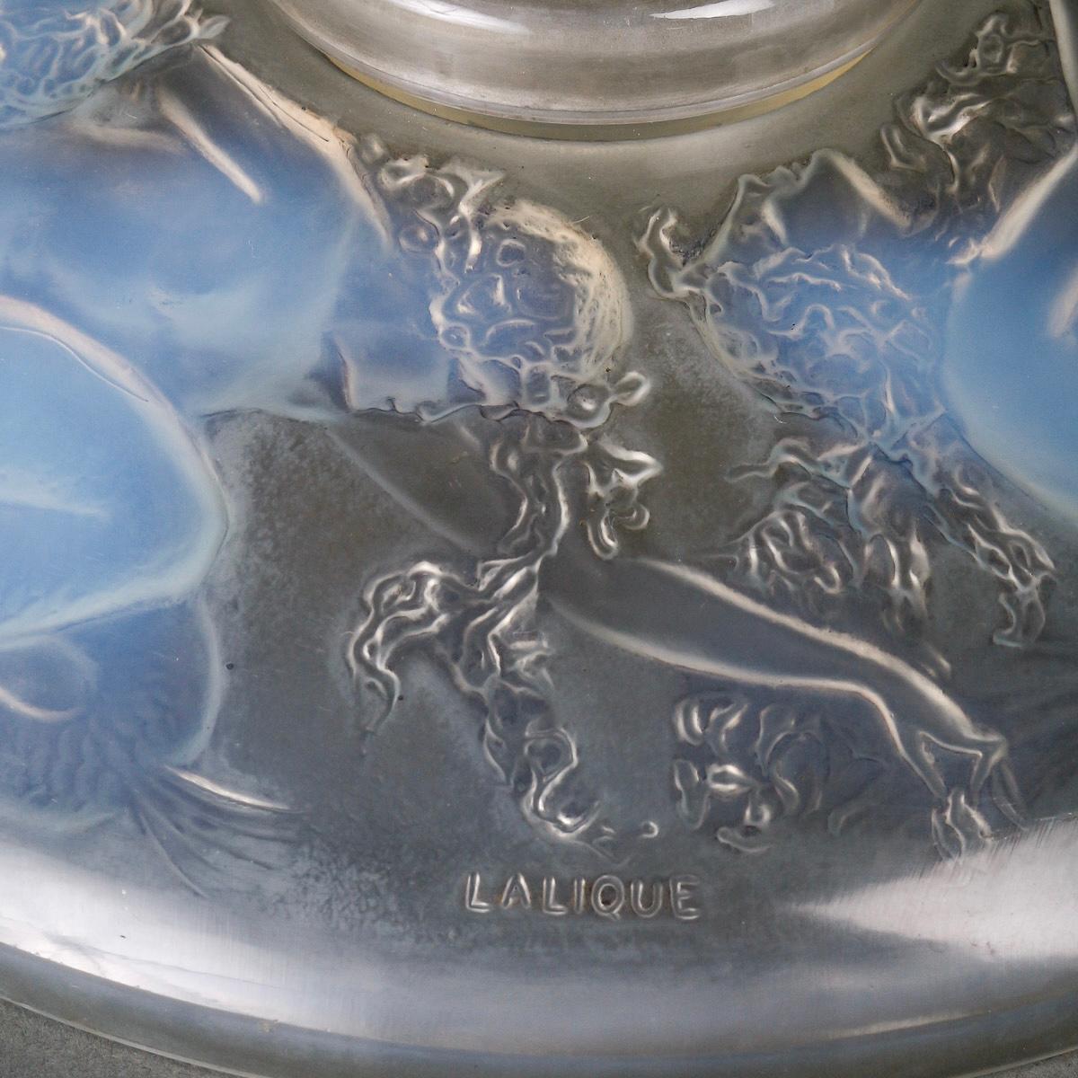 French 1920 René Lalique - Inkwell Quatre Sirènes Opalescent Glass With Grey Patina