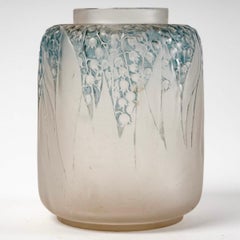 1920 Rene Lalique Muguet Vase in Frosted Glass Blue Patina Lily of the Valley