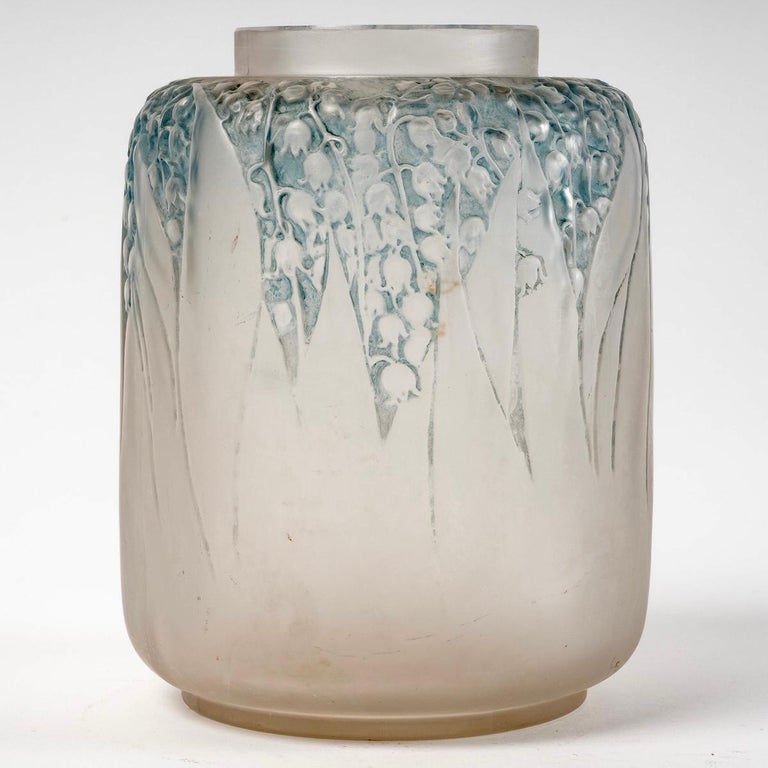 1920 Rene Lalique Muguet Vase in Frosted Glass Blue Patina Lily of the
