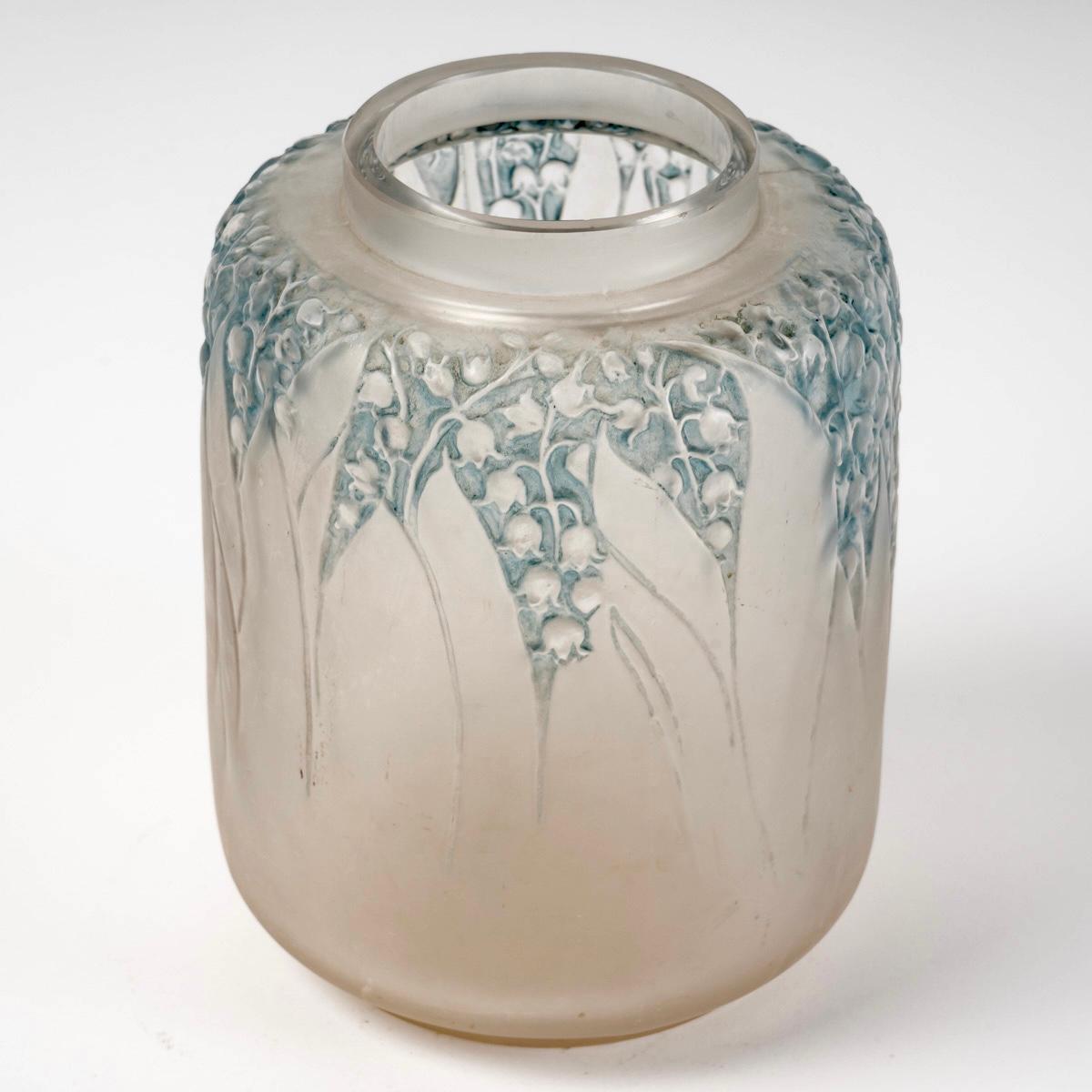 Art Deco 1920 Rene Lalique Muguet Vase in Frosted Glass Blue Patina Lily of the Valley