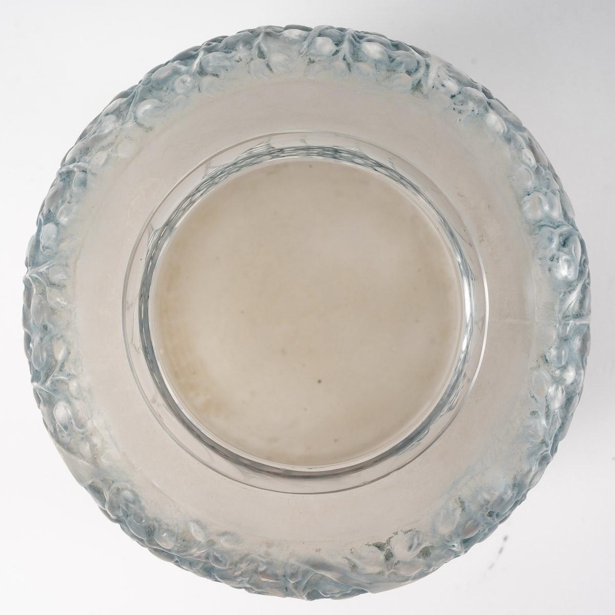 French 1920 Rene Lalique Muguet Vase in Frosted Glass Blue Patina Lily of the Valley