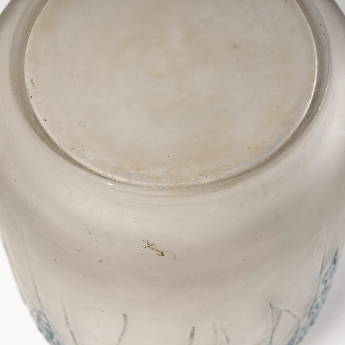 1920 Rene Lalique Muguet Vase in Frosted Glass Blue Patina Lily of the Valley In Good Condition In Boulogne Billancourt, FR