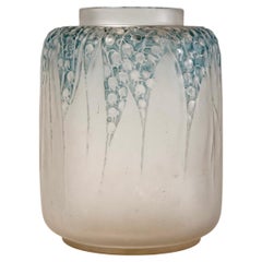 1920 Rene Lalique Muguet Vase in Frosted Glass Blue Patina Lily of the Valley