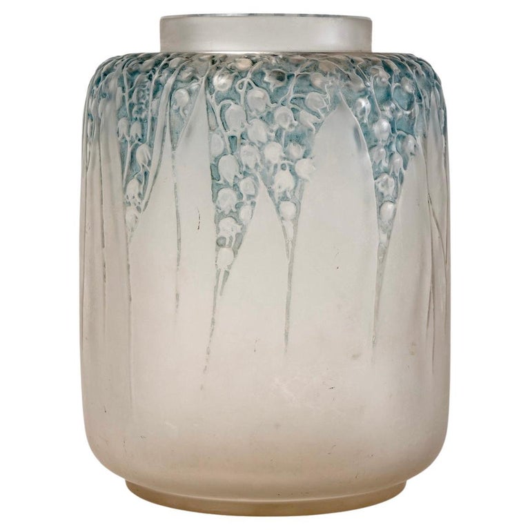 1920 Rene Lalique Muguet Vase in Frosted Glass Blue Patina Lily of the