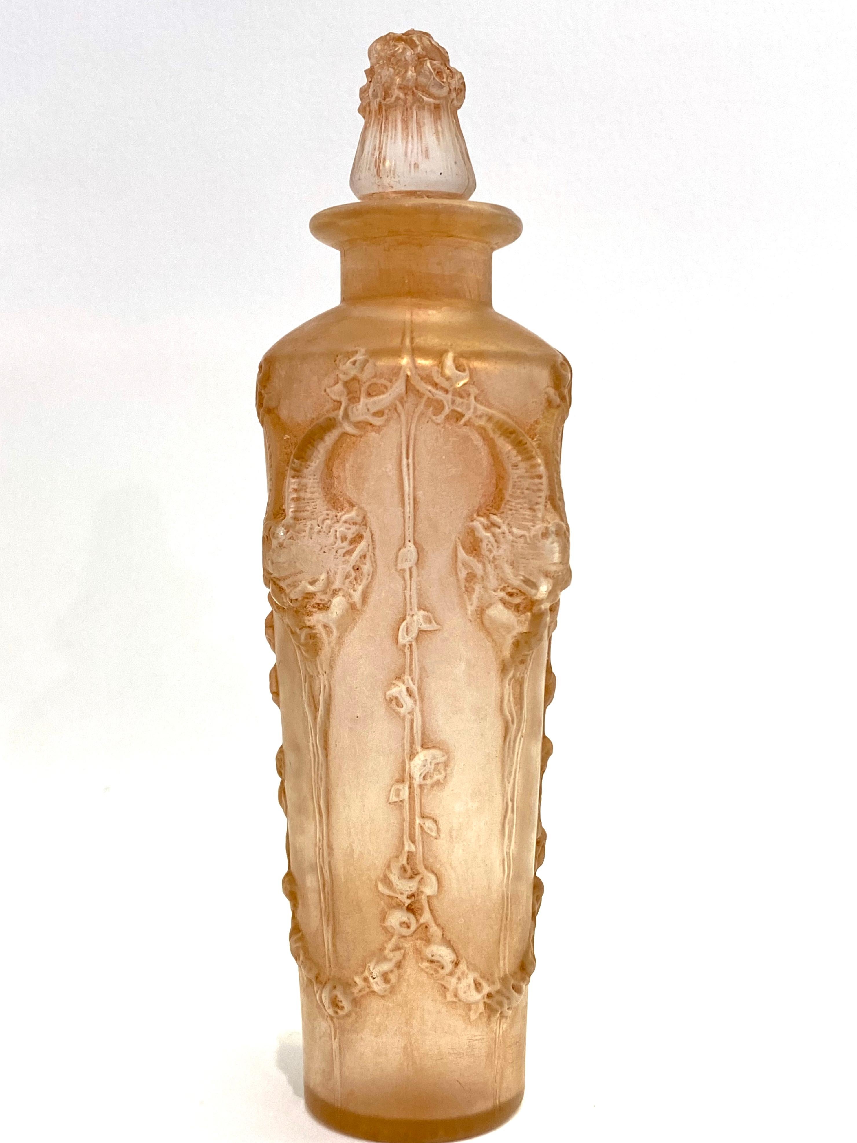 Art Deco 1920 René Lalique Pan Perfume Bottle Frosted Glass with Sepia Patina, Satyres