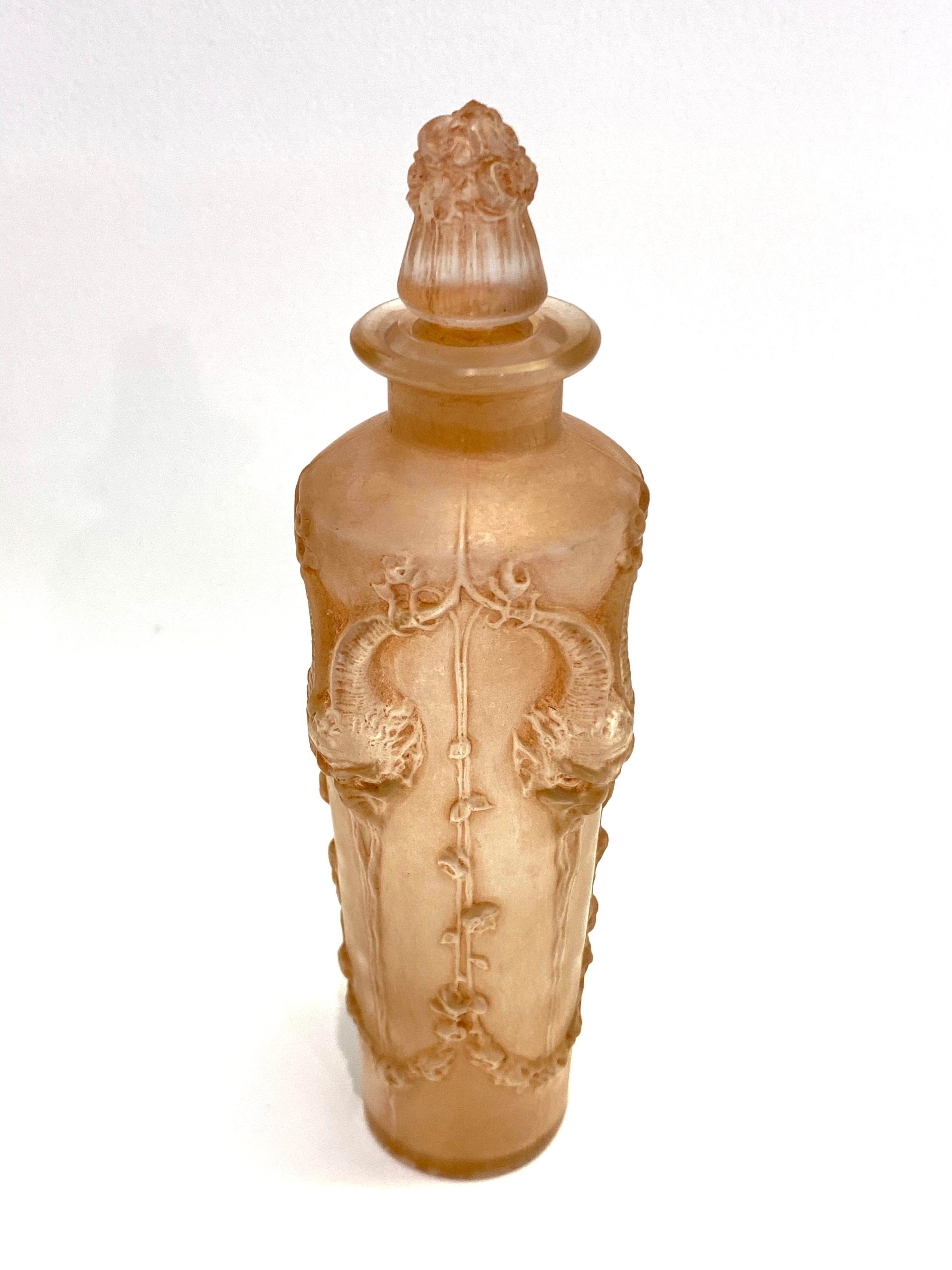 French 1920 René Lalique Pan Perfume Bottle Frosted Glass with Sepia Patina, Satyres