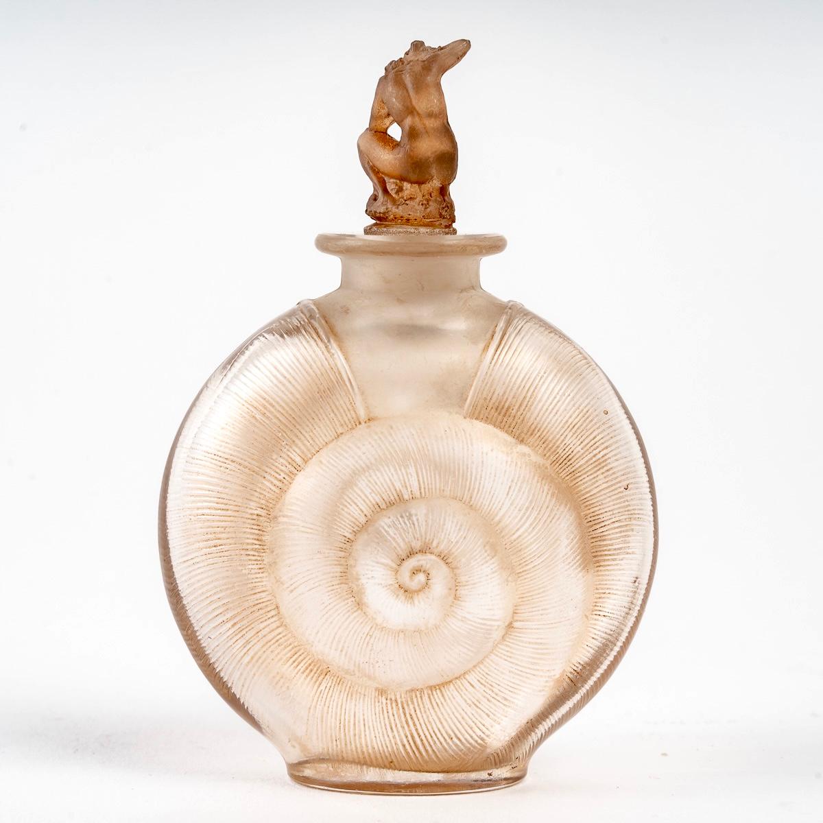 French 1920 René Lalique, Perfume Bottle Amphitrite Frosted Glass with Sepia Patina