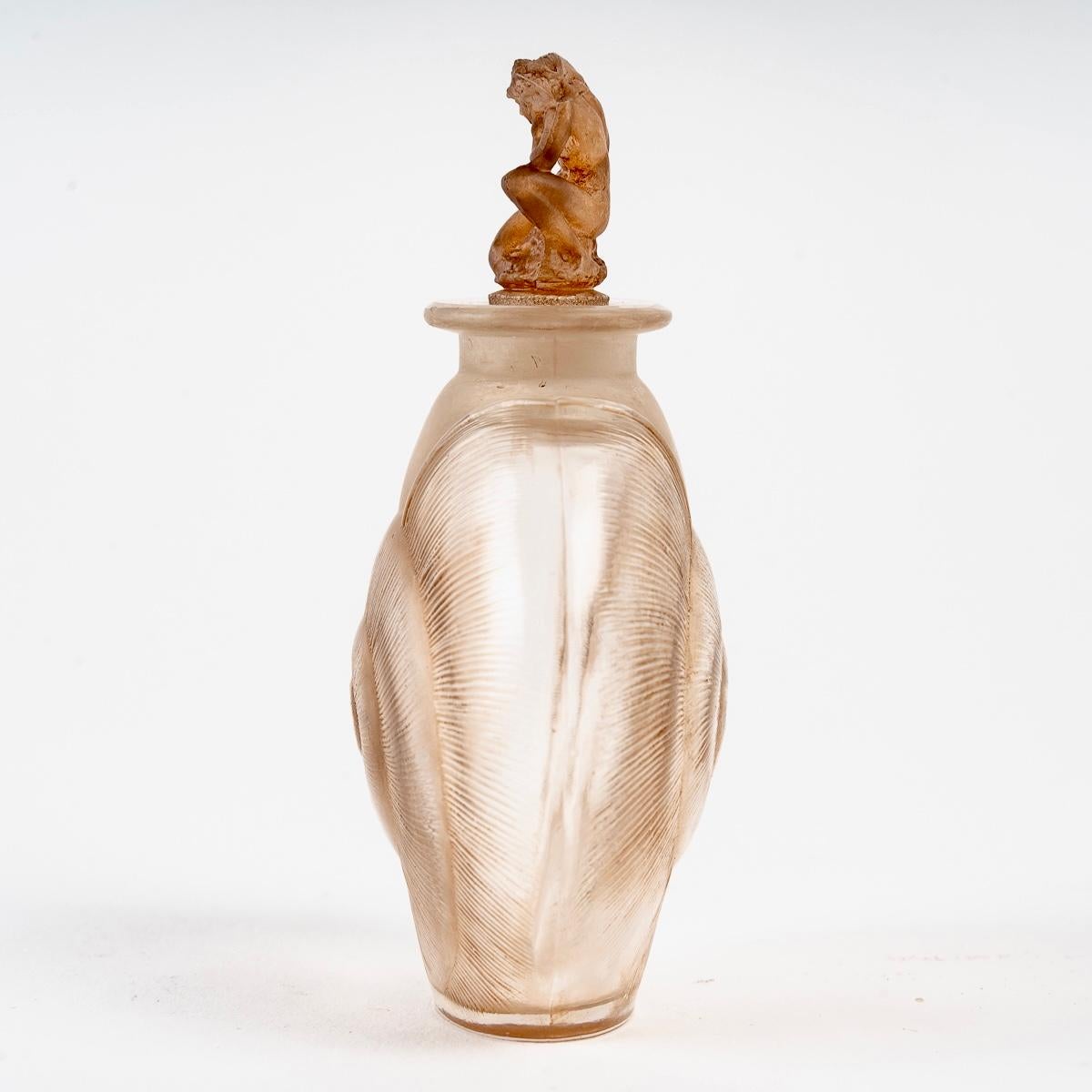 Molded 1920 René Lalique, Perfume Bottle Amphitrite Frosted Glass with Sepia Patina