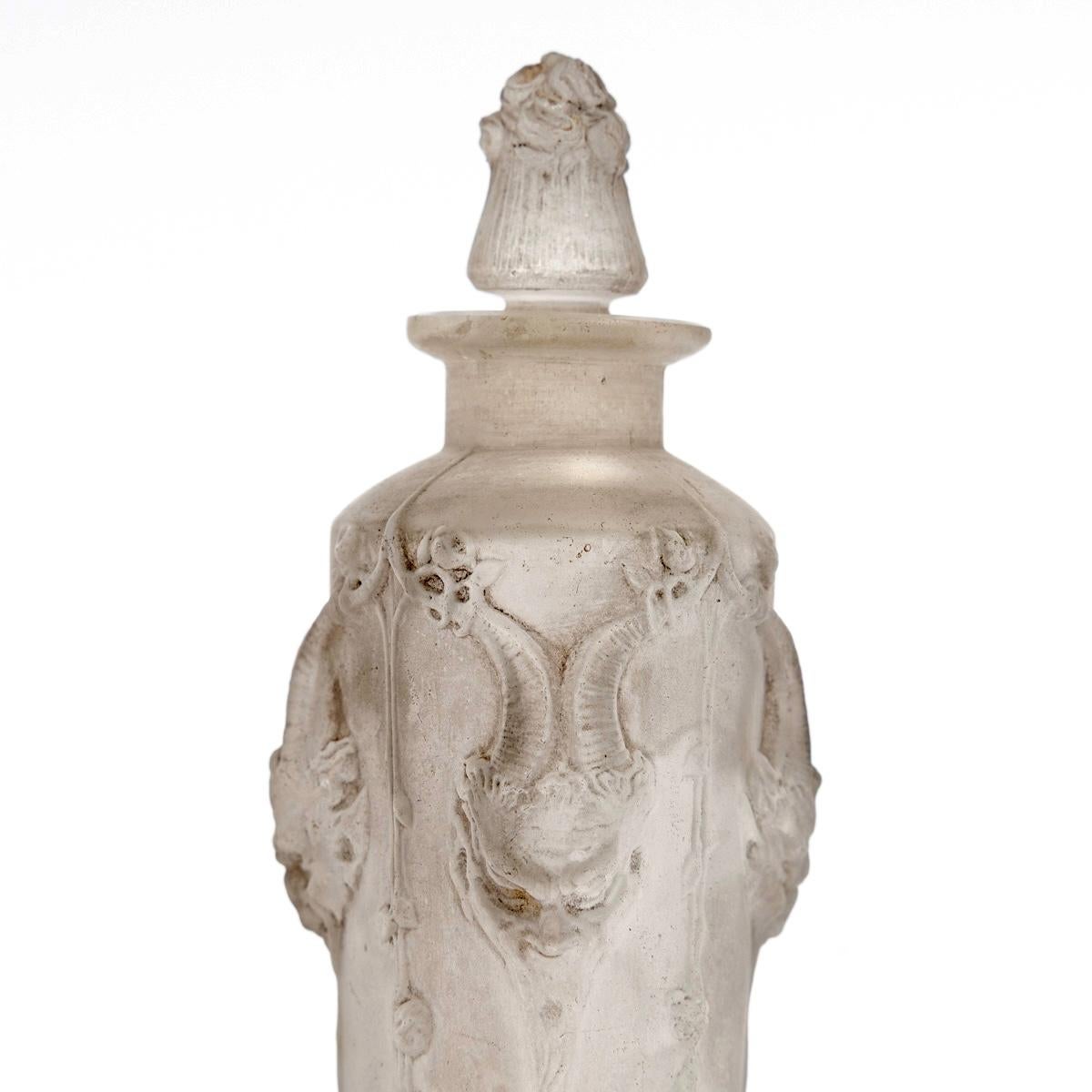 Art Nouveau 1920 René Lalique Perfume Bottle Pan Satyres Glass with Grey Patina For Sale