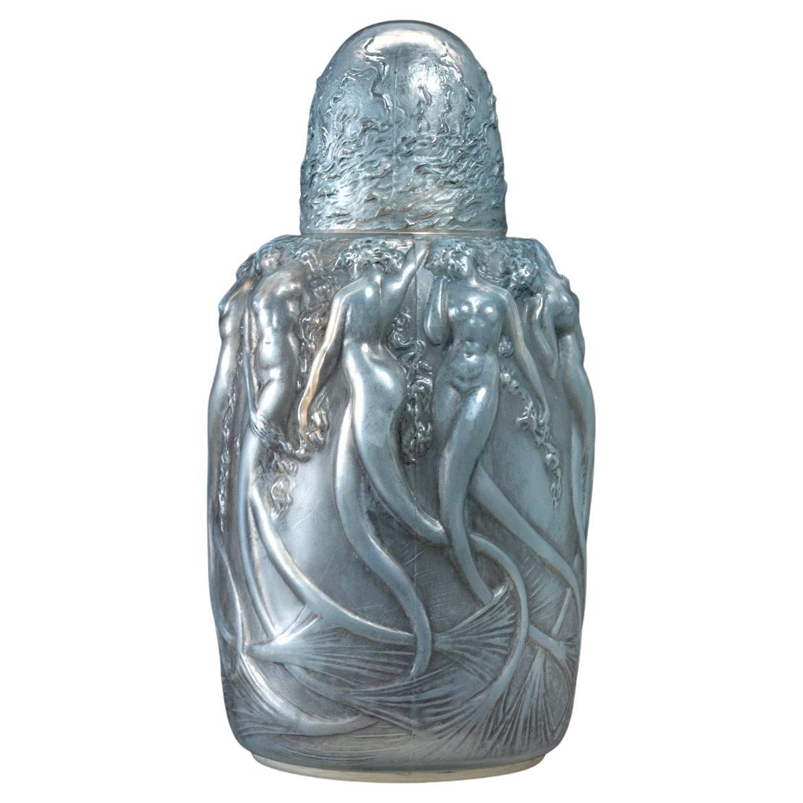 1920 René Lalique Perfume Burner Sirenes Opalescent Glass Blue Patina Mermaids