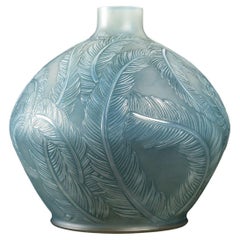 1920 René Lalique Plumes Vase in Double Cased Opalescent Glass with Blue Patina