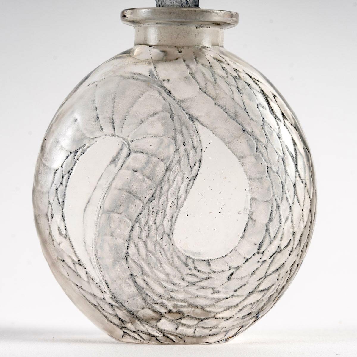 French 1920 Rene Lalique Serpent Perfume Bottle Clear Glass with Blue Patina, Snake