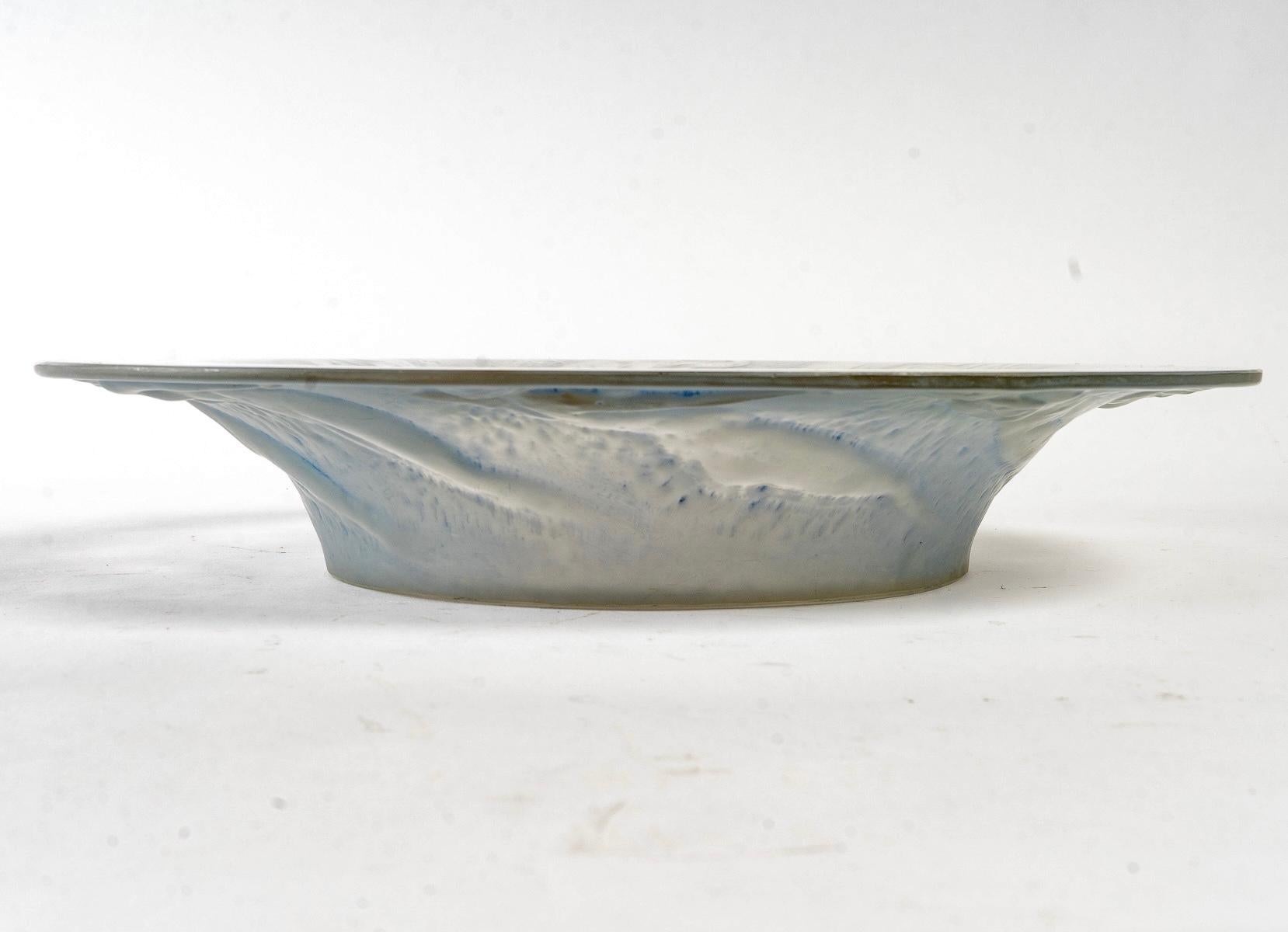 French 1920 René Lalique Sirenes Coupe Bowl Frosted Glass & Blue Patina, Mermaids