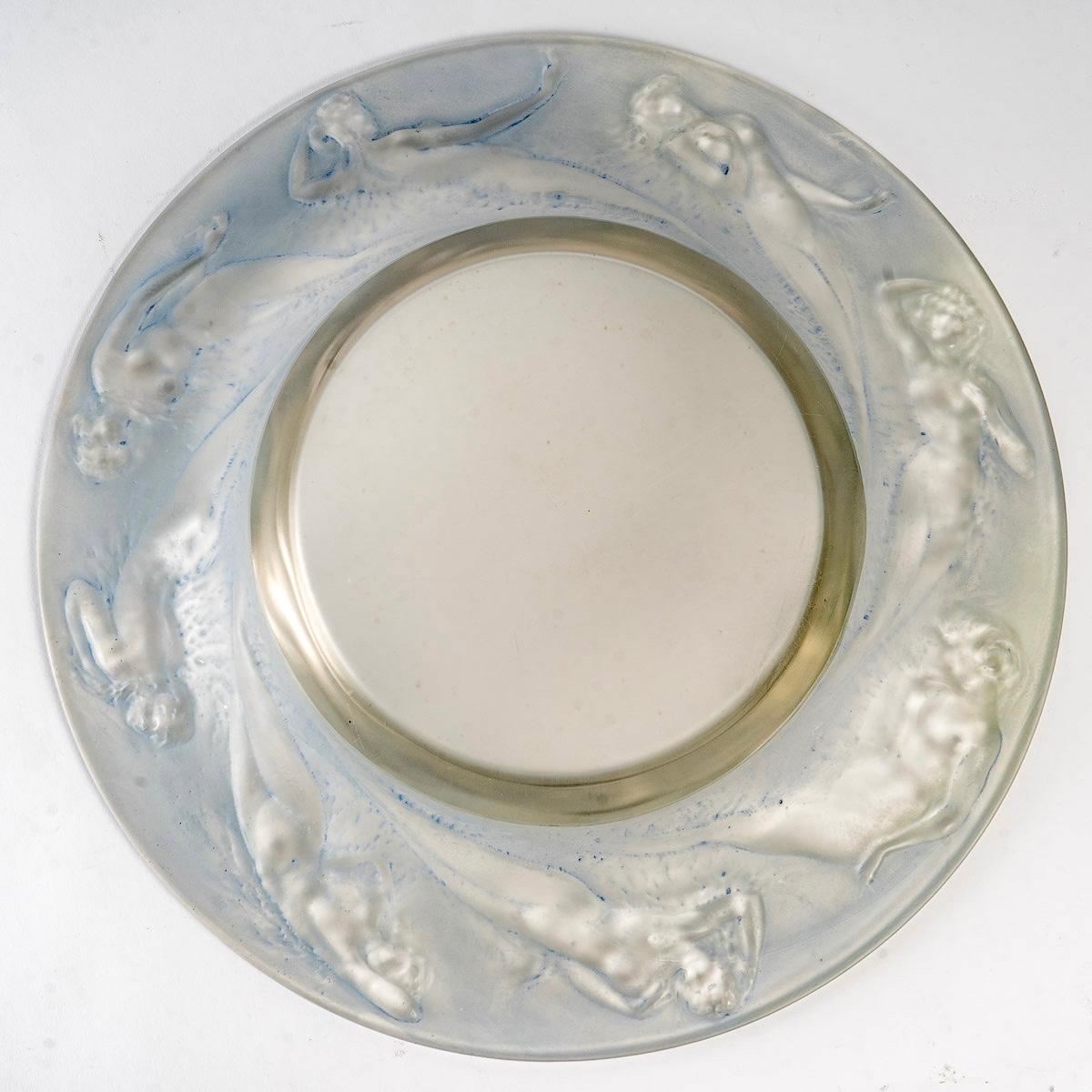 Molded 1920 René Lalique Sirenes Coupe Bowl Frosted Glass & Blue Patina, Mermaids