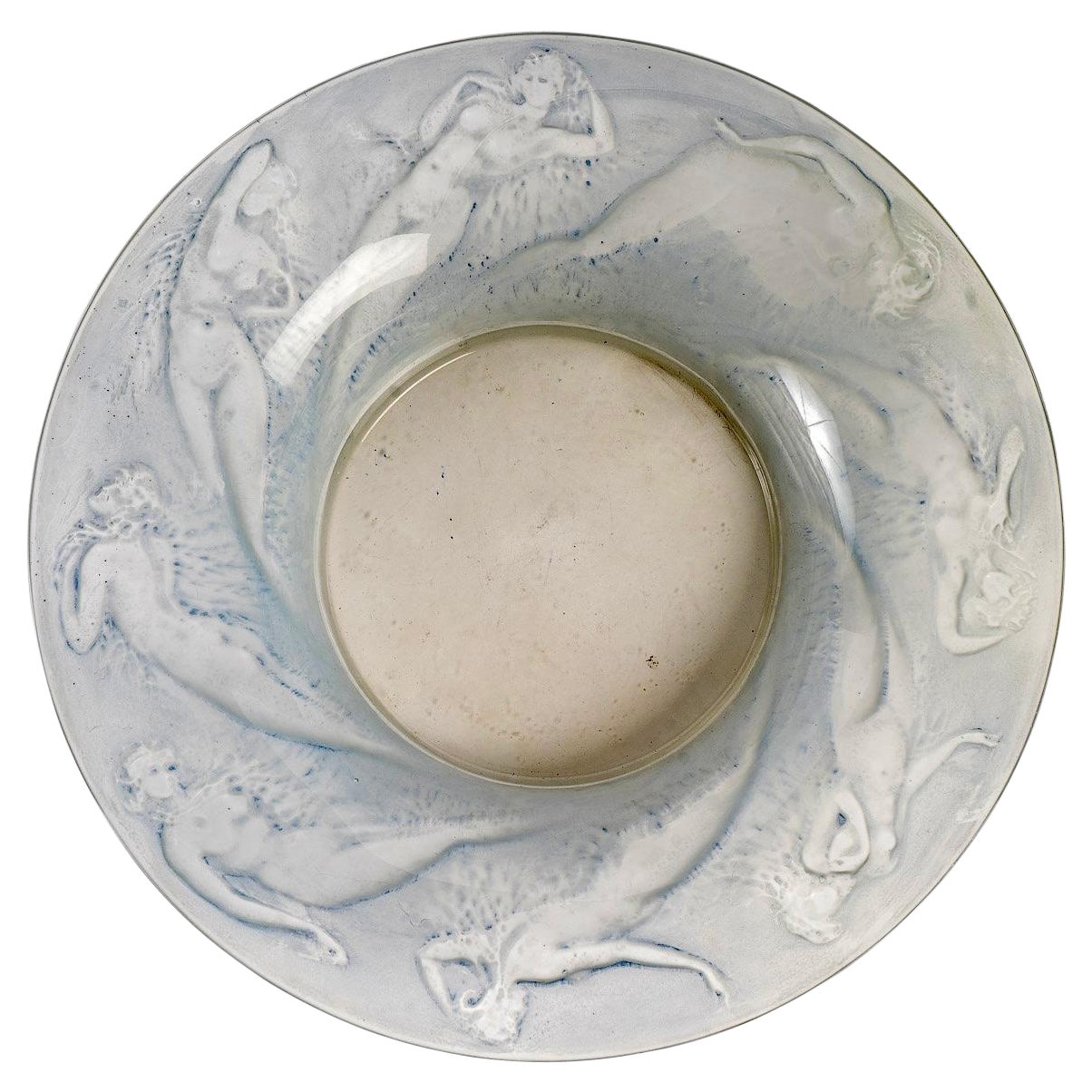 1920 René Lalique Sirenes Coupe Bowl Frosted Glass 
Blue Patina, Mermaids