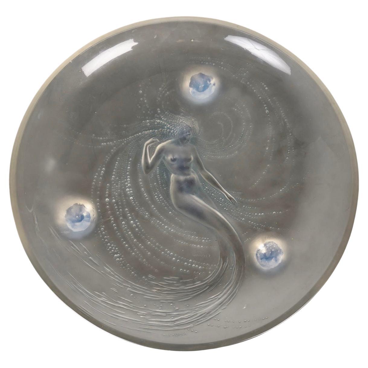 1920 René Lalique Trepied Sirene Mermaid Bowl Opalescent Glass Blue Patina For Sale