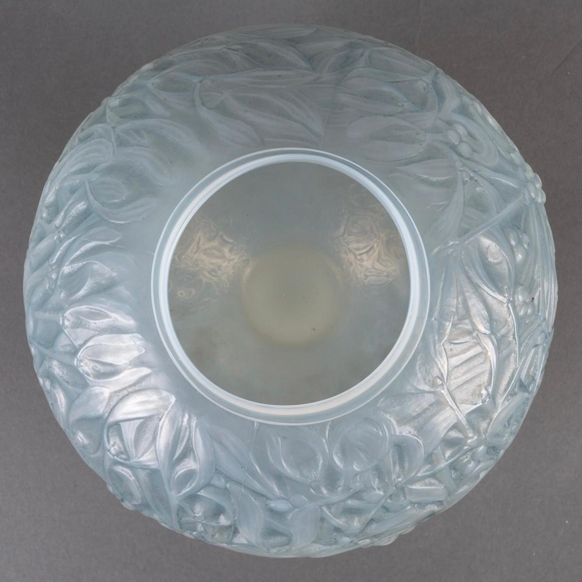 Molded 1920, René Lalique Vase Gui Cased Opalescent Glass with Blue Patina For Sale