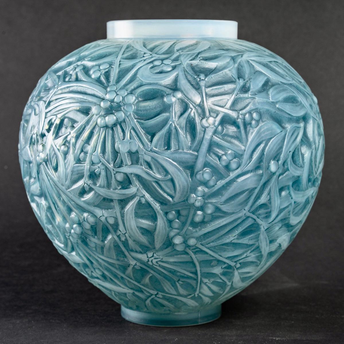 Art Deco 1920, René Lalique Vase Gui Double Cased Opalescent Glass with Blue Patina