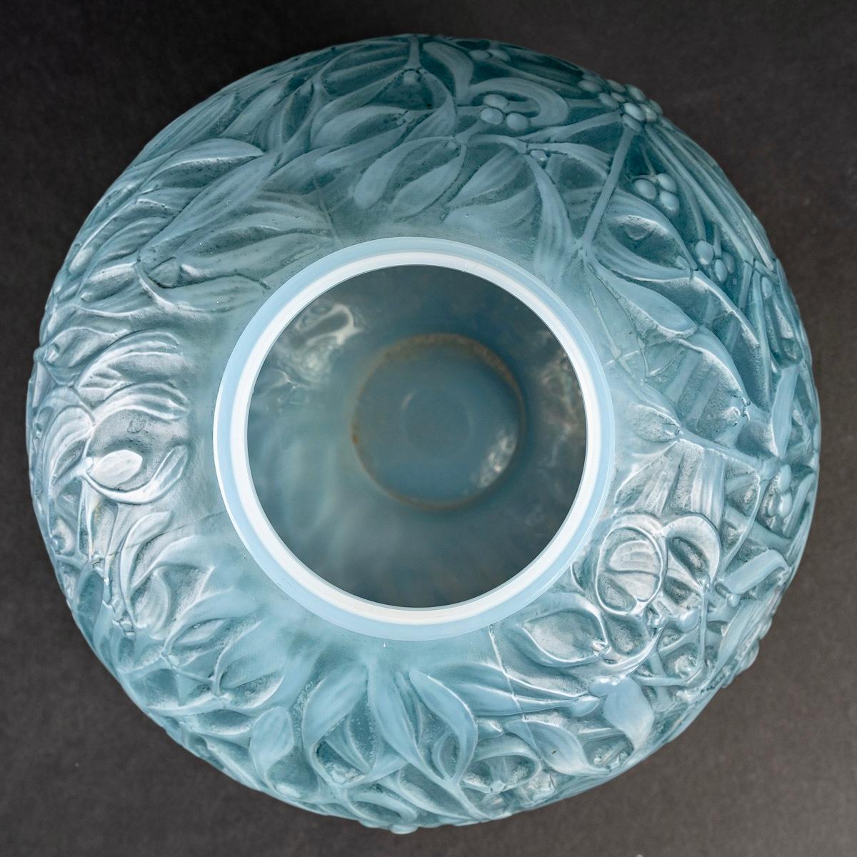 Molded 1920, René Lalique Vase Gui Double Cased Opalescent Glass with Blue Patina