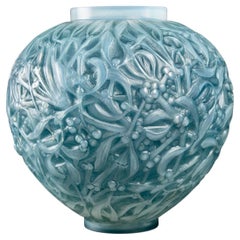 1920, René Lalique Vase Gui Double Cased Opalescent Glass with Blue Patina