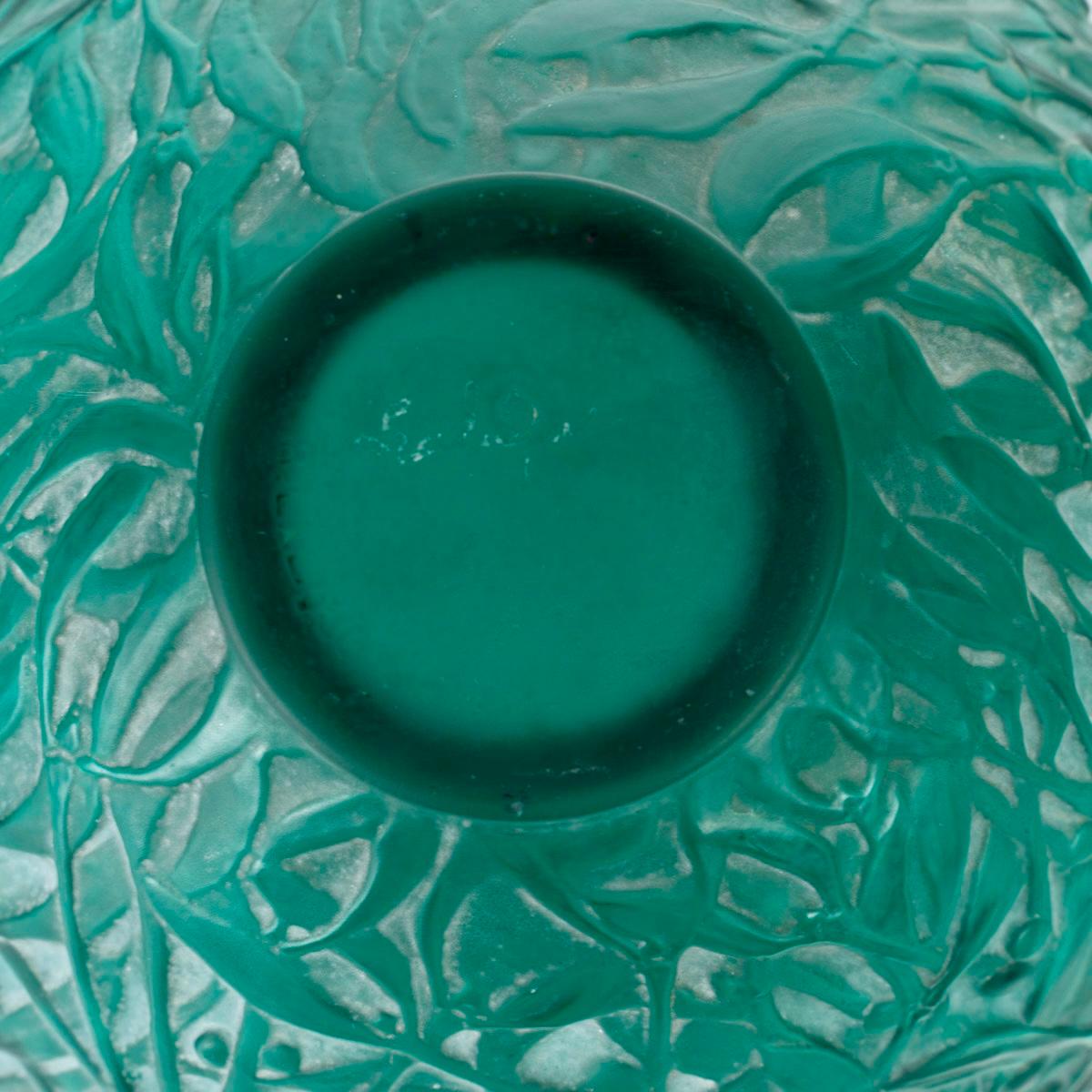 Molded 1920 René Lalique - Vase Gui Mistletoe Teal Green Glass With White Patina