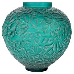 Antique 1920 René Lalique - Vase Gui Mistletoe Teal Green Glass With White Patina