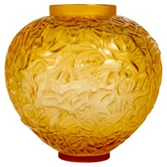 Antique 1920 René Lalique Vase Gui Yellow Glass