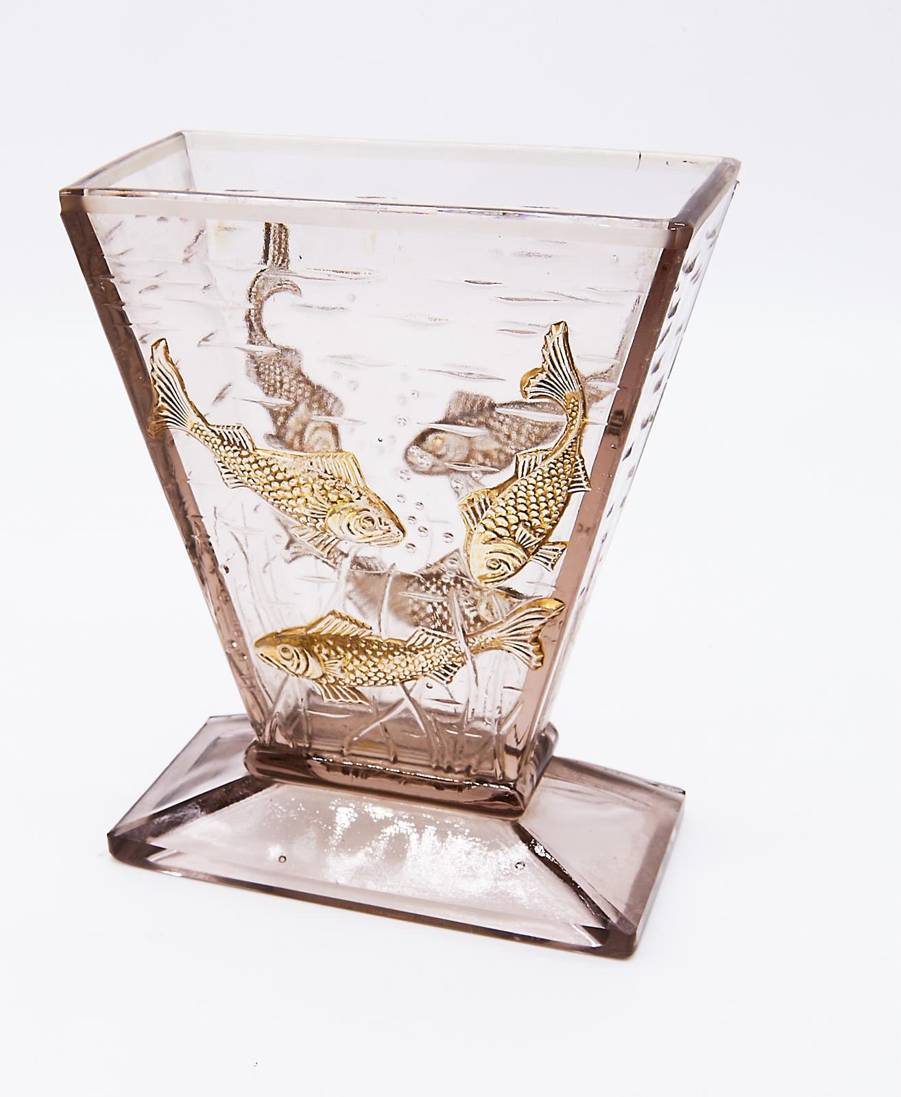 1920´s, Art Deco Glass Aquarium Vase with Relief Moulded Fish, Probably Baccarat 1