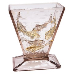 Antique 1920´s, Art Deco Glass Aquarium Vase with Relief Moulded Fish, Probably Baccarat