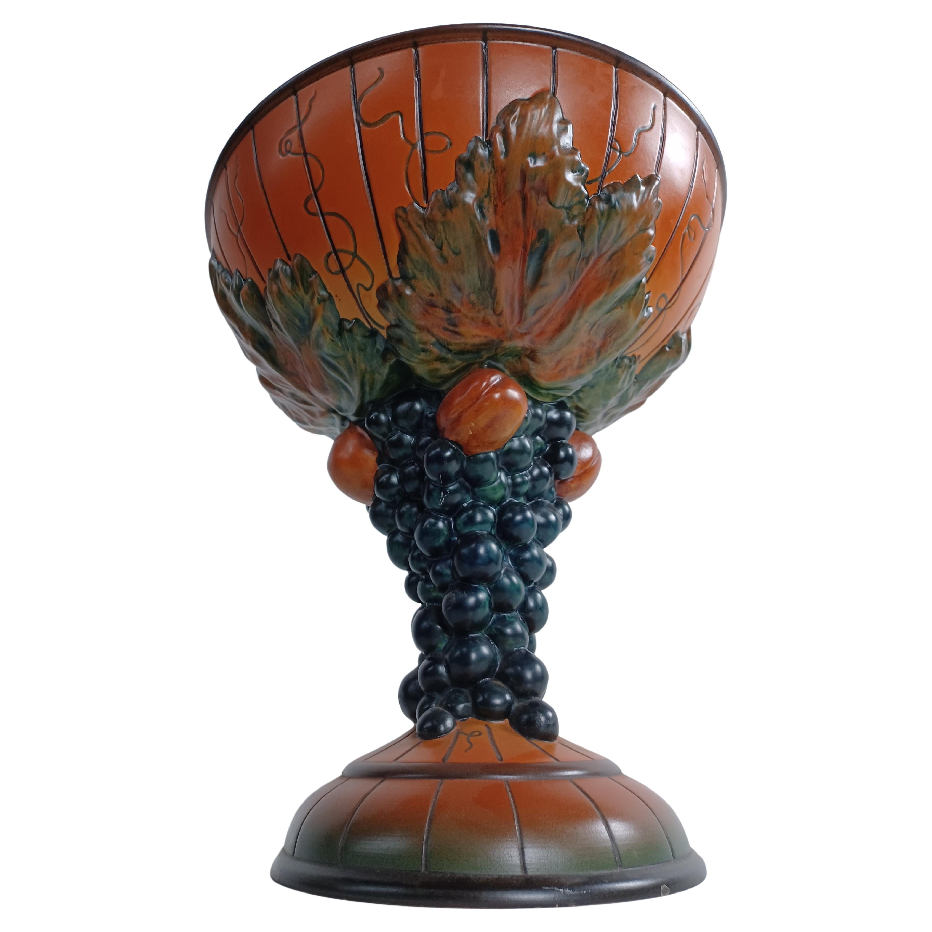 1920´s Art Nouveau Grape Decorated Bowl by Erik Magnussen for P. Ipsens Enke

The rare hand-crafted art nouveau fruit bowl was designed by Erik Magnussen  in 1927 and feature pillar of maturing grapes together with 4 wallnuts  supporting a large