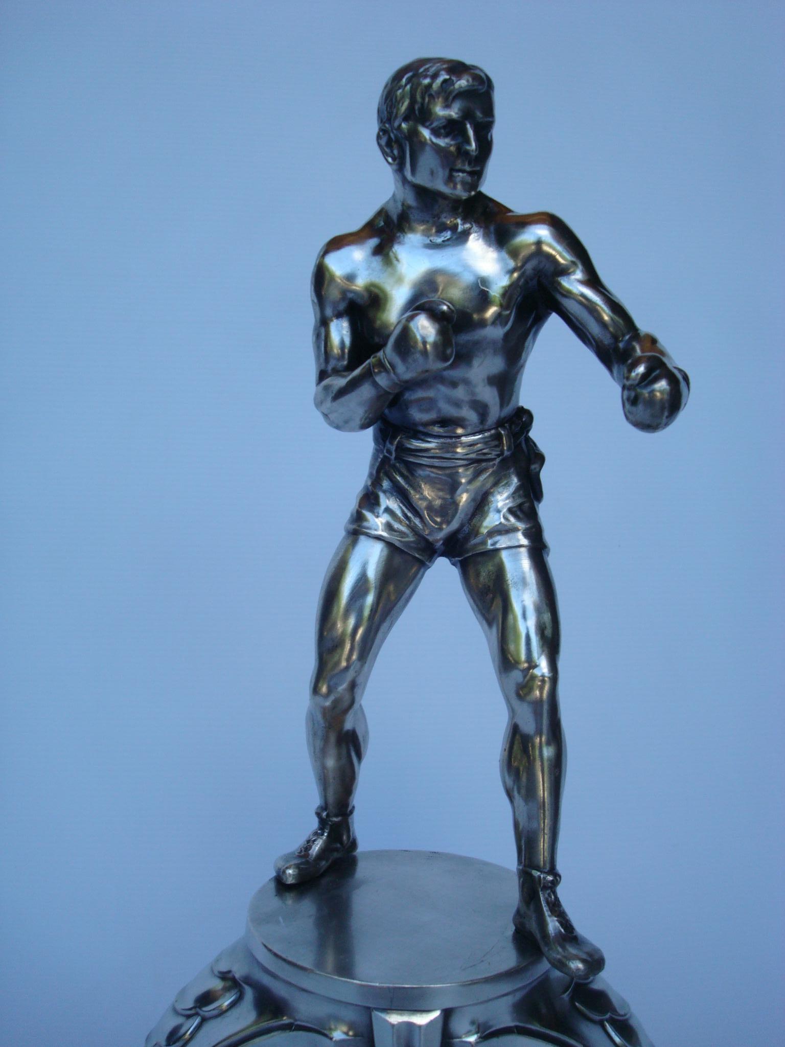 Silvered 1920´s Boxer Sculpture / Table, Mantel Clock For Sale