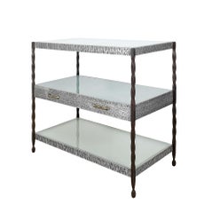 Art Deco Center Shelving Unit, Wrought Iron, Metal, Brass and Glass - France