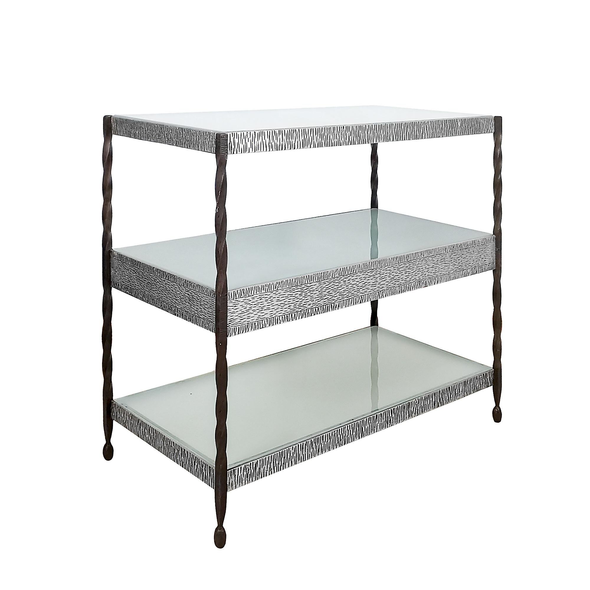 French Art Deco Center Shelving Unit, Wrought Iron, Metal, Brass and Glass - France For Sale