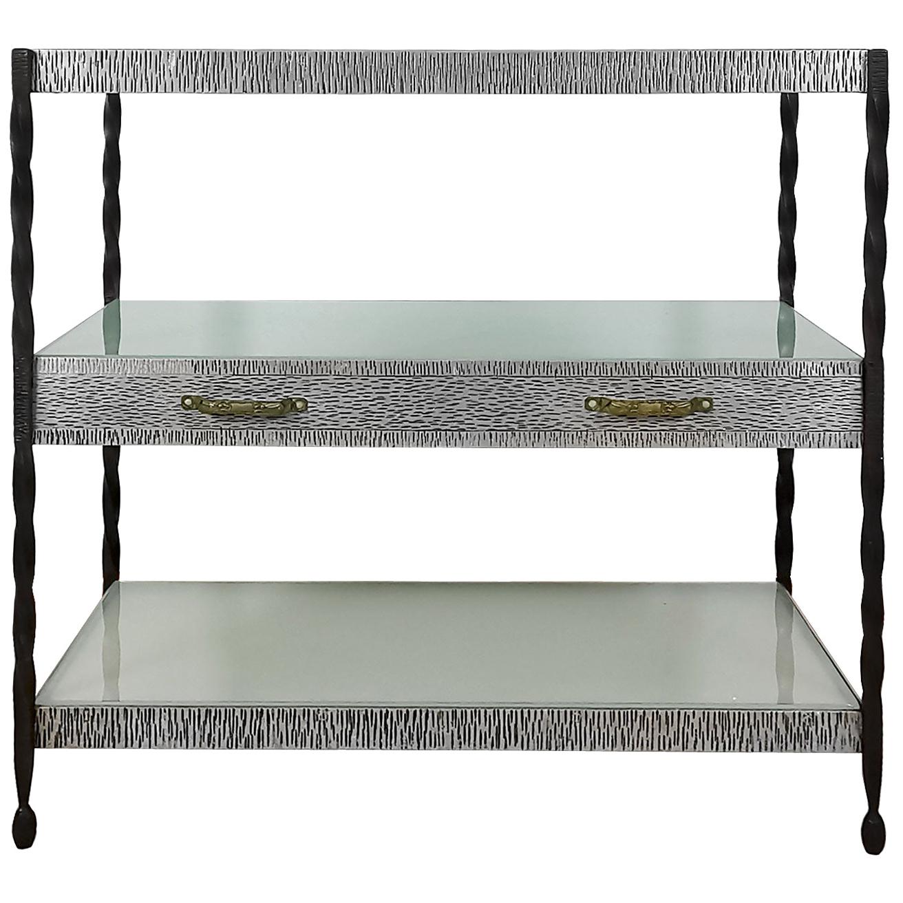 Art Deco Center Shelving Unit, Wrought Iron, Metal, Brass and Glass - France For Sale