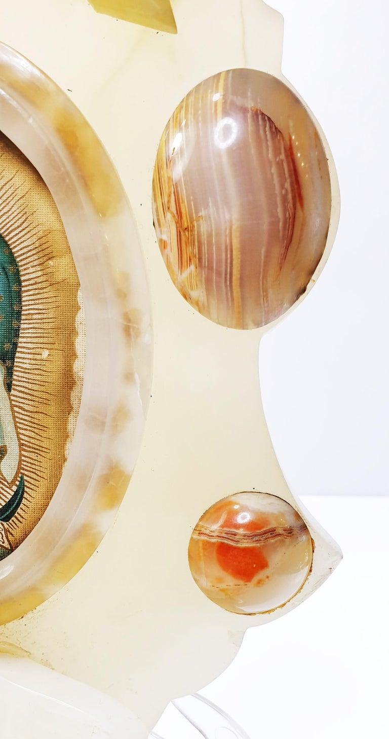 Mexican 1920's Holy Water Font Lady of Guadalupe and Angel in Alabaster and Agate For Sale
