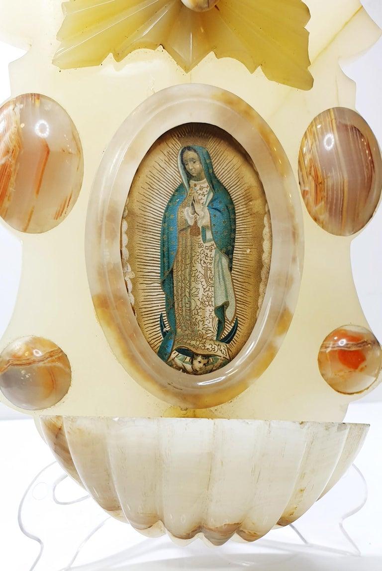 1920's Holy Water Font Lady of Guadalupe and Angel in Alabaster and Agate For Sale 2