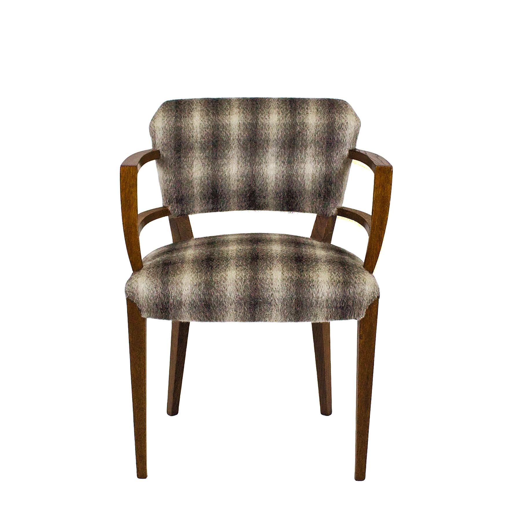 Pair of bridge or desk armchairs, waxed solid oak, new stuffing and camel hair style wool with geometric pattern upholstery.

Spain, Barcelona, circa 1920.