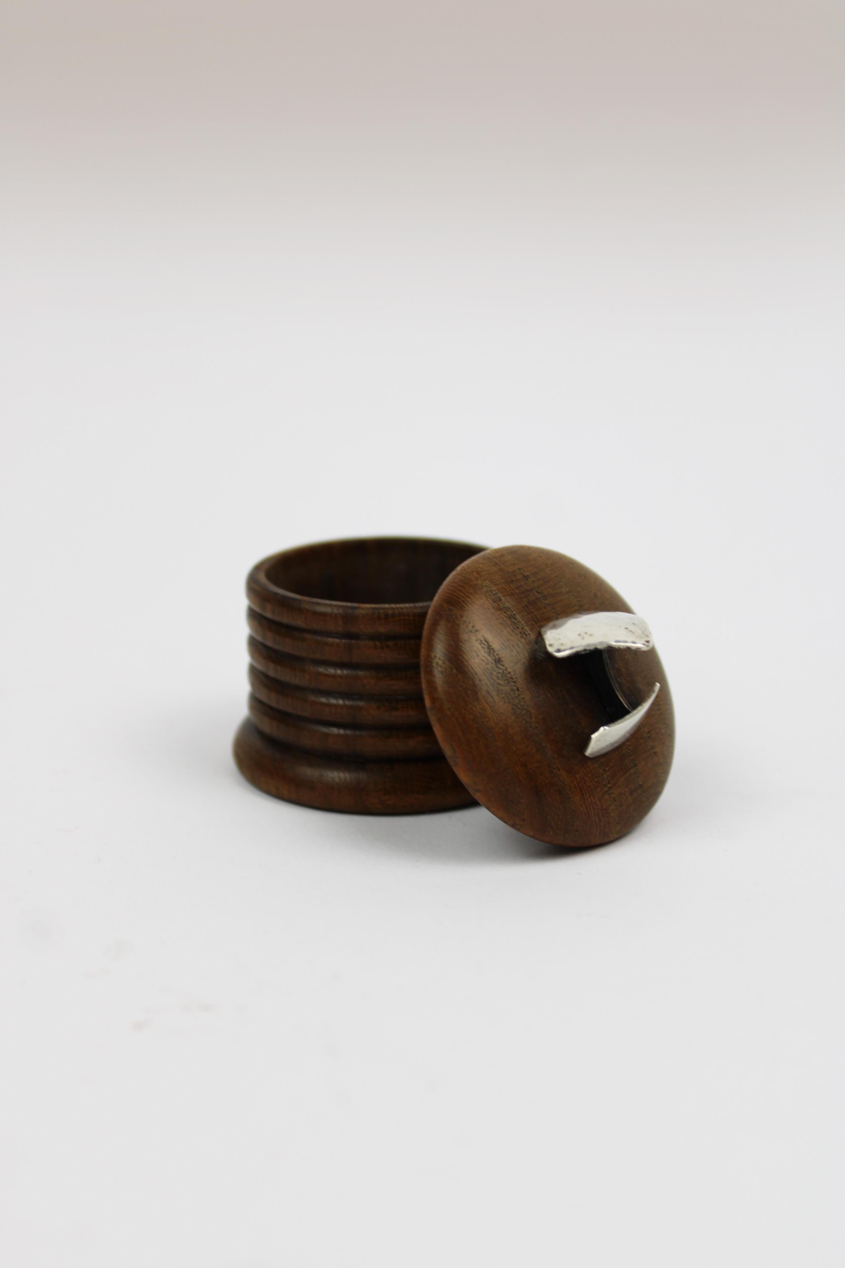 French Provincial 1920 Small Round Treen Cufflink box topped with silver Cufflink France For Sale