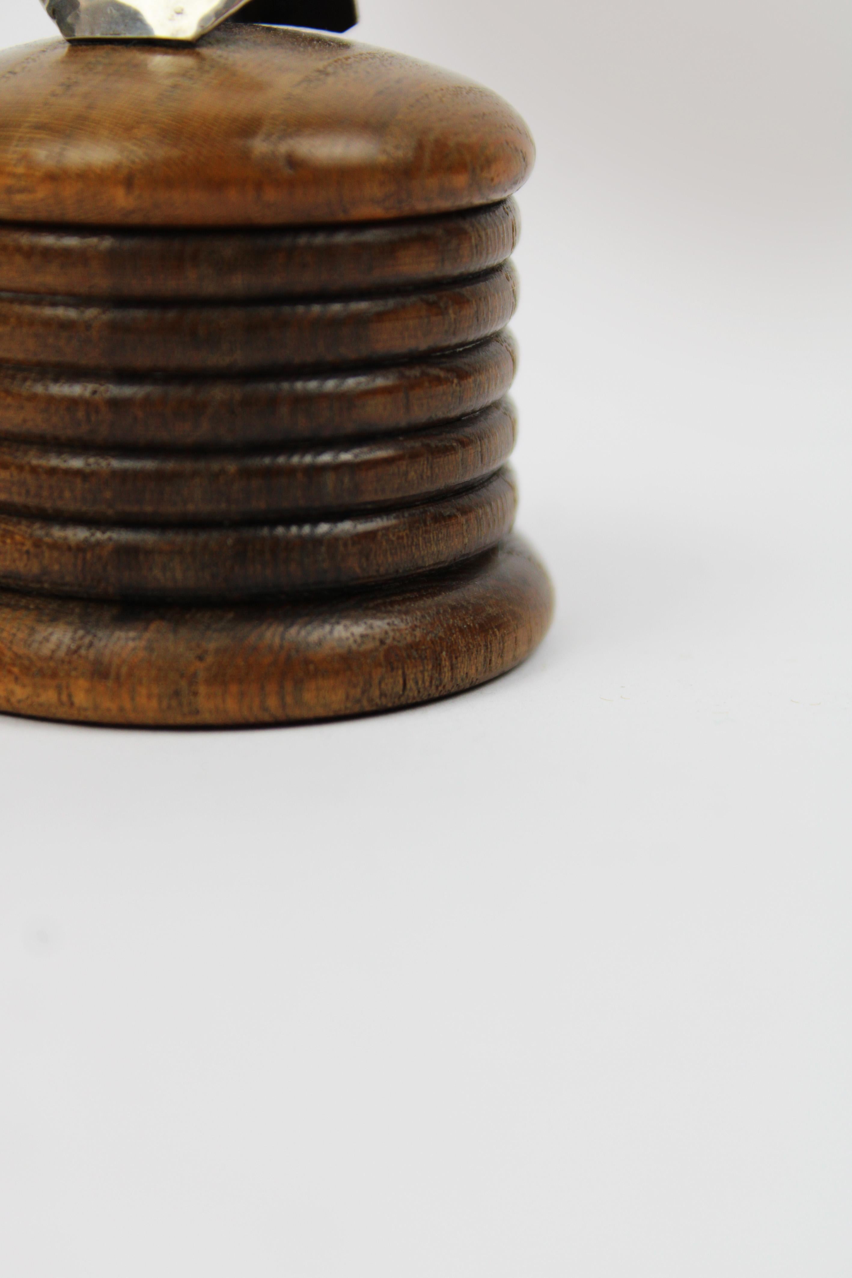 Turned 1920 Small Round Treen Cufflink box topped with silver Cufflink France For Sale