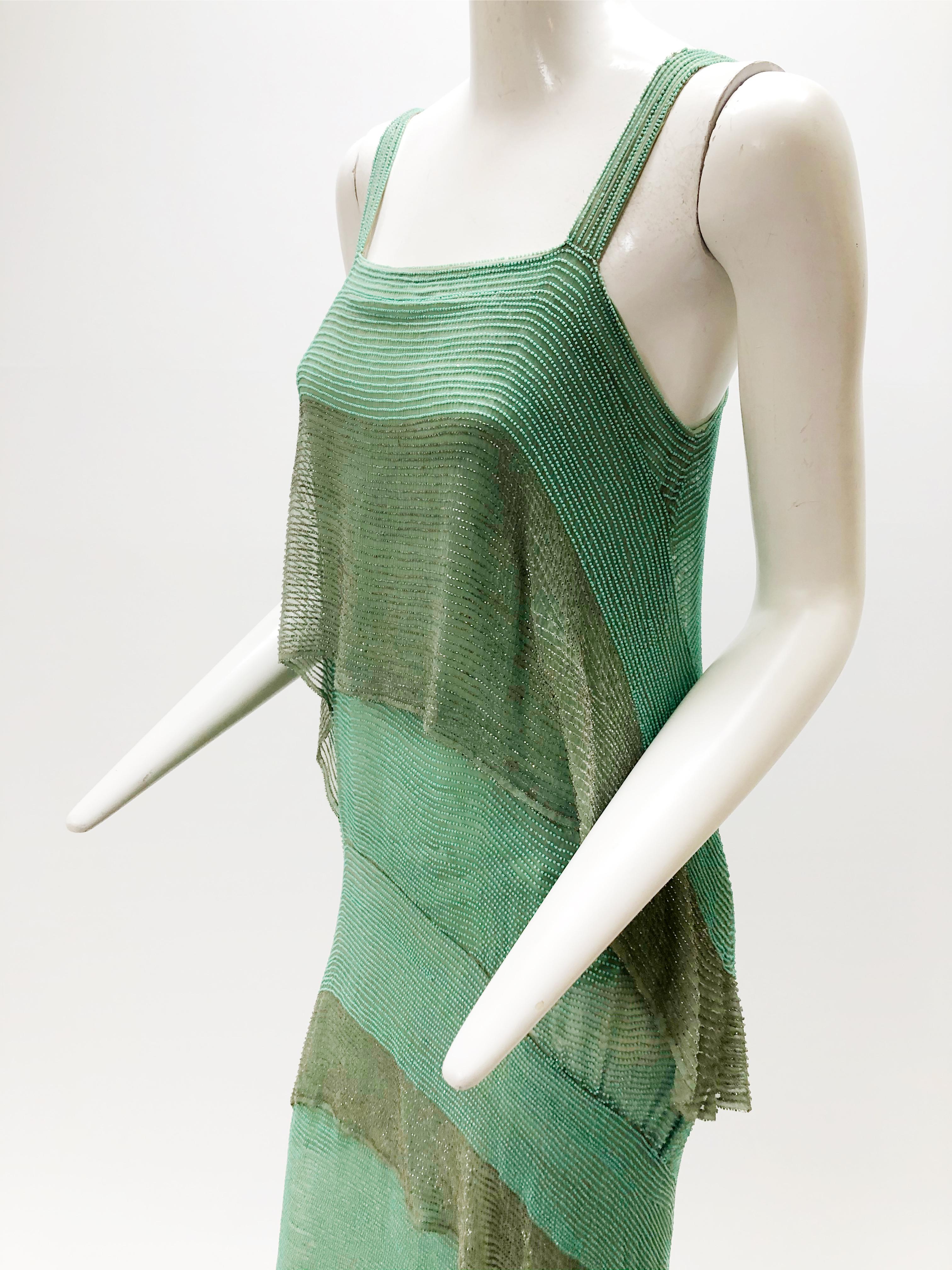 1920 Style Design Sea-Foam Silk Chiffon & Gold Beaded Flapper Dress In Excellent Condition In Gresham, OR