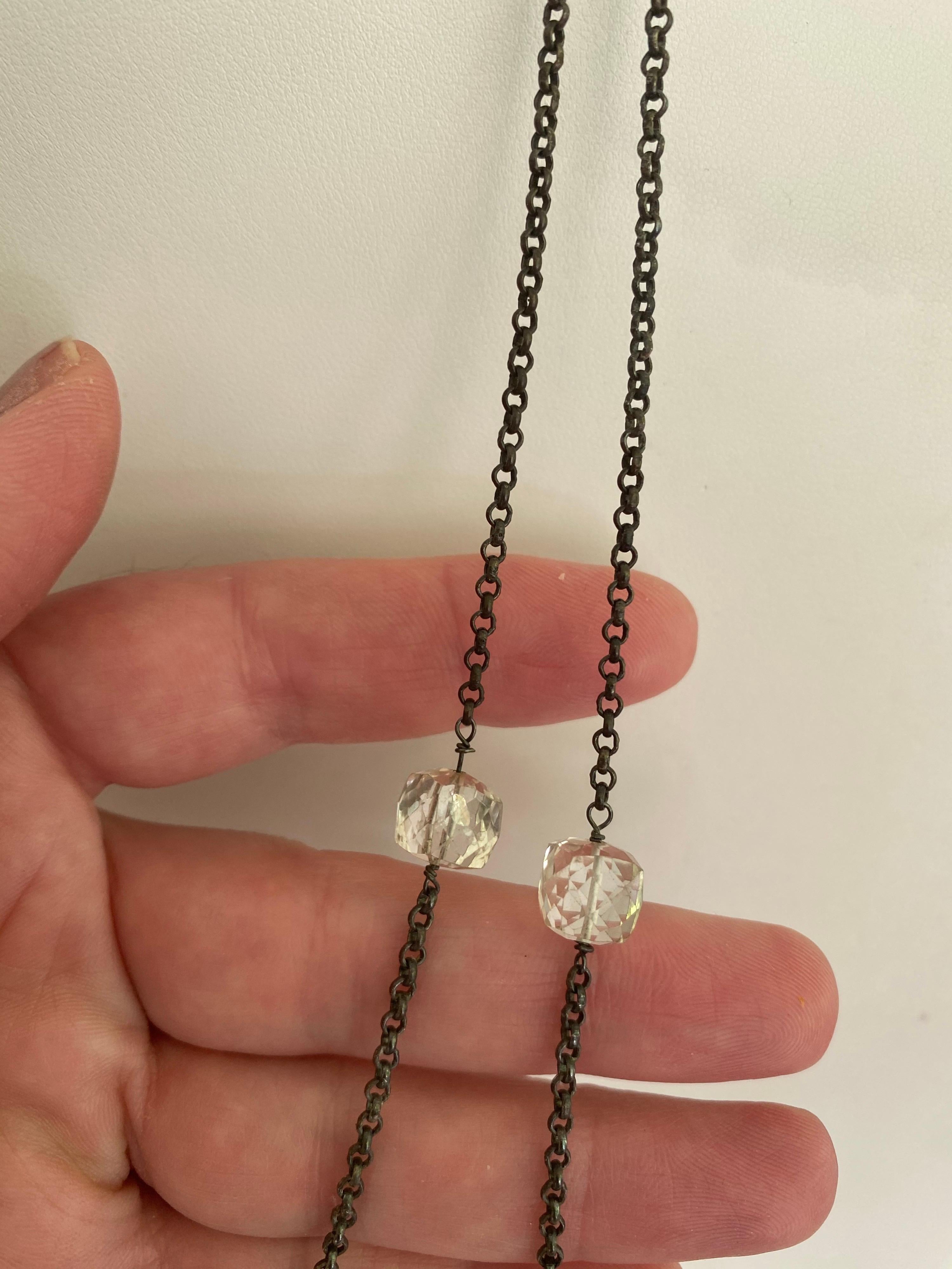 Art Deco 1920 Styled Oxidized Sterling Silver and Quartz Cubed Long Necklace For Sale