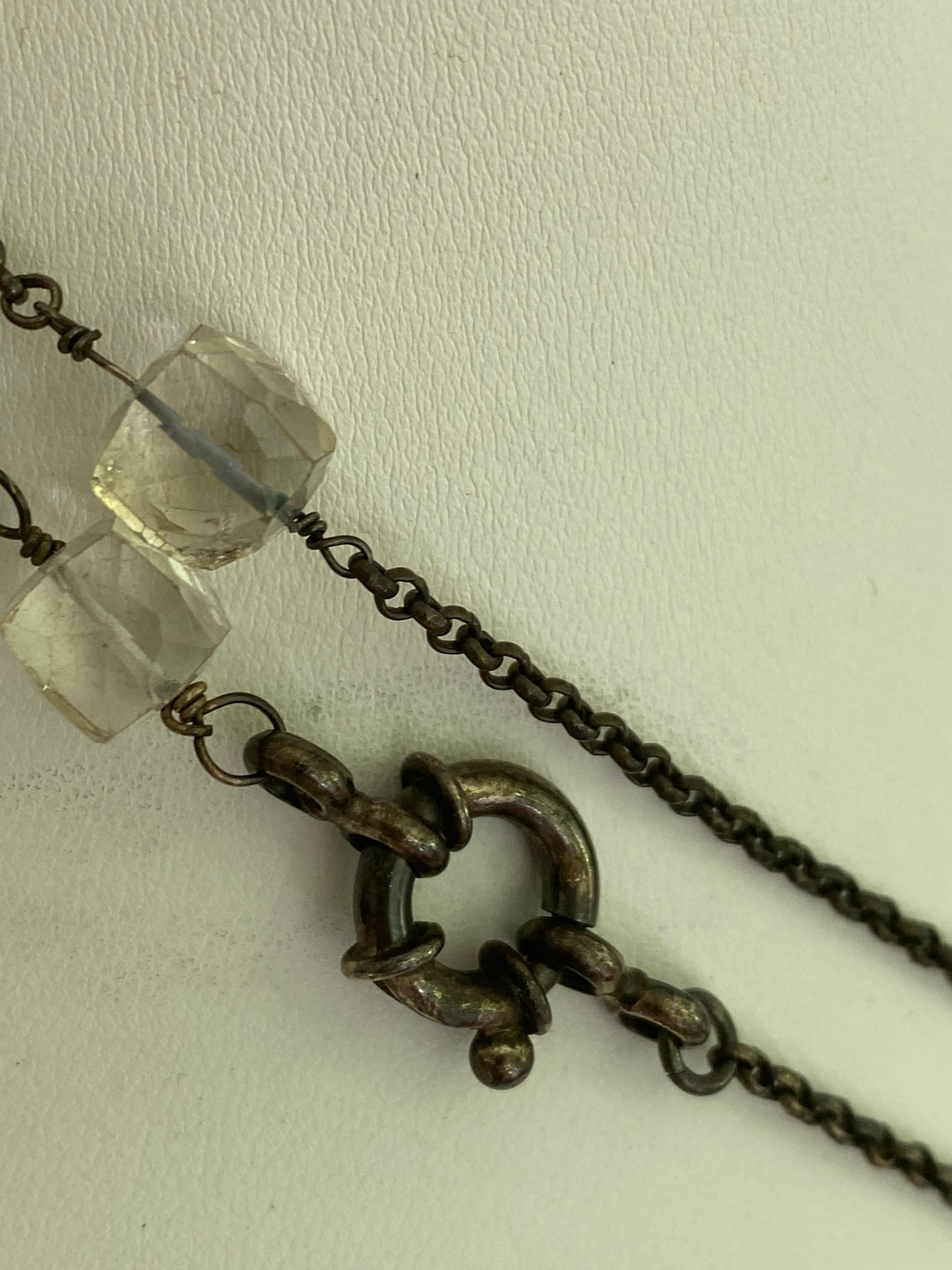 Bead 1920 Styled Oxidized Sterling Silver and Quartz Cubed Long Necklace For Sale