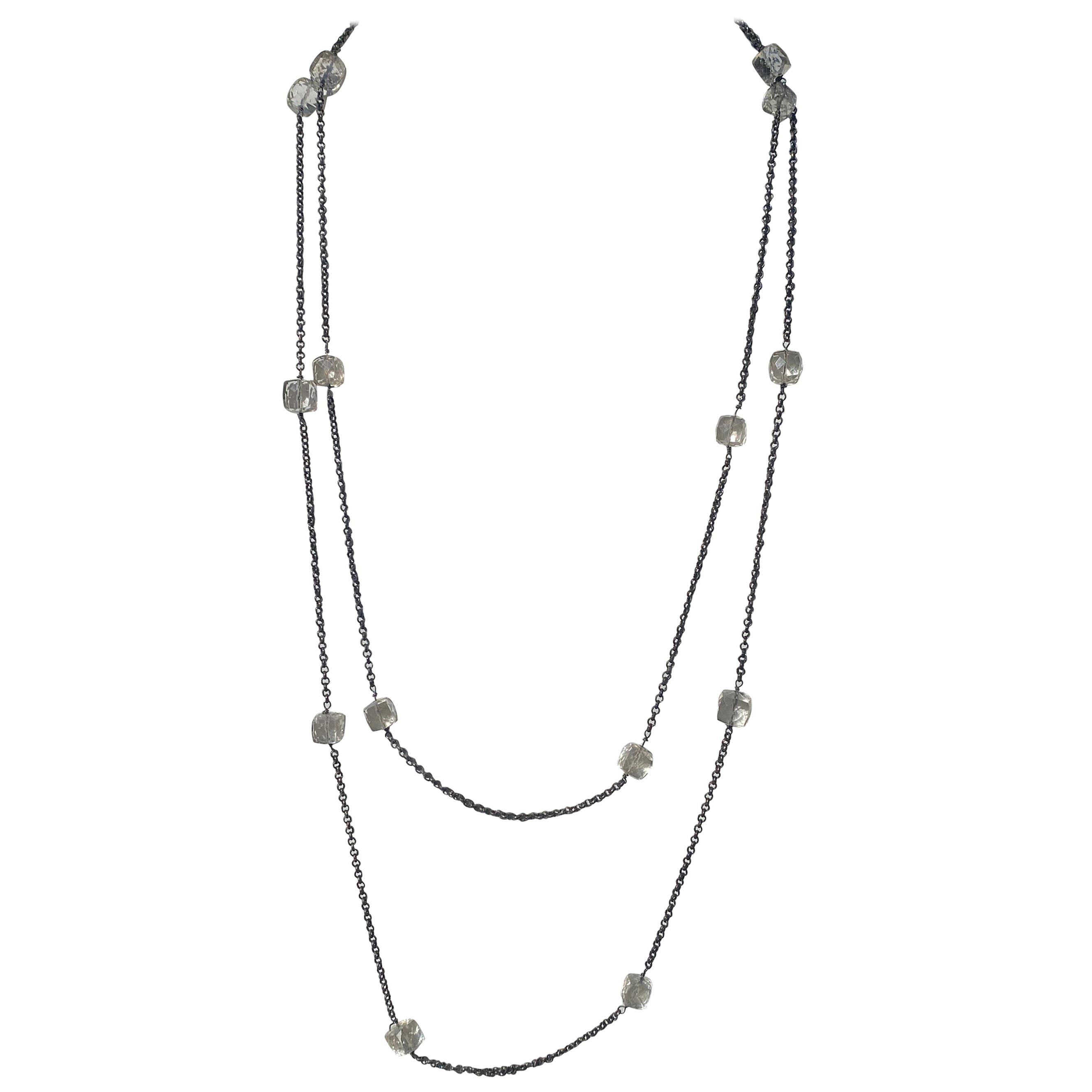 1920 Styled Oxidized Sterling Silver and Quartz Cubed Long Necklace For Sale