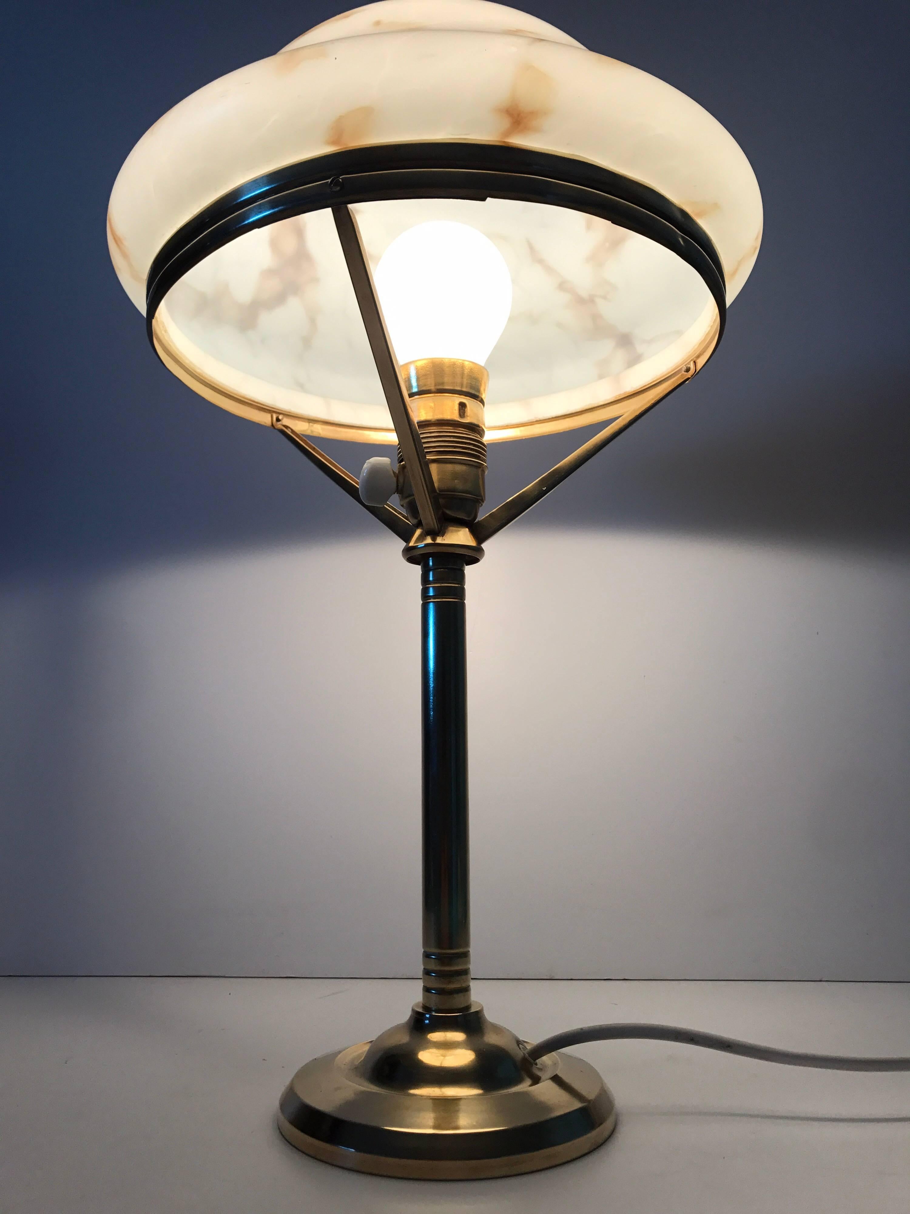 Polished 1920 Swedish Art Nouveau Jugendstil Brass and Art Glass Table Lamp For Sale