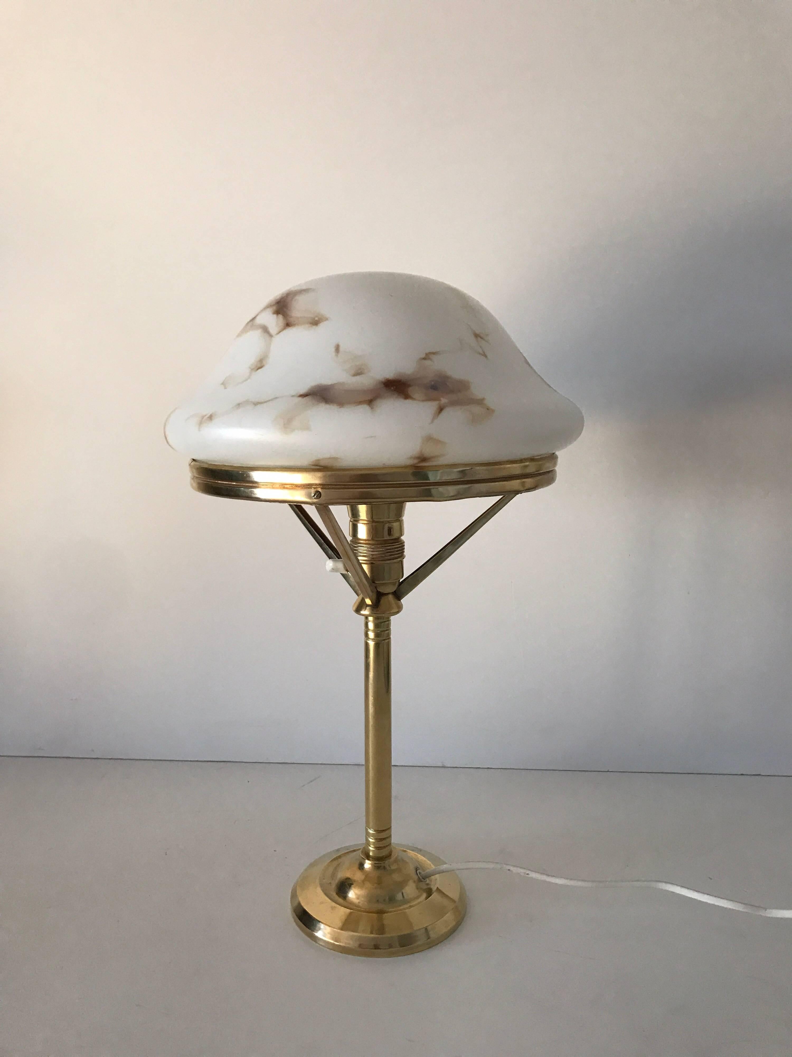 Early 20th Century 1920 Swedish Art Nouveau Jugendstil Brass and Art Glass Table Lamp For Sale