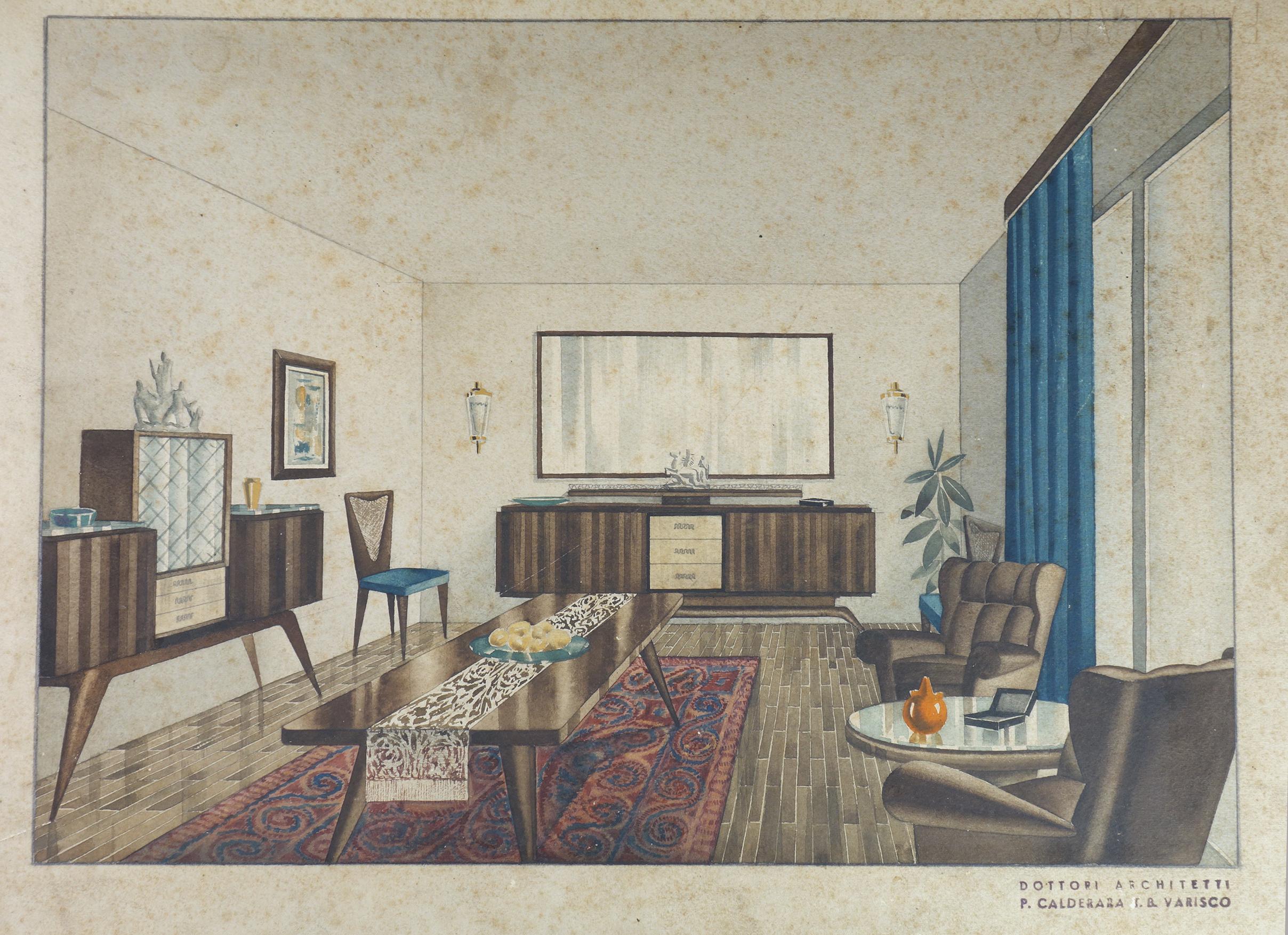 Art Deco Home Interior Zeichnung
Calderara & Tito Varisco Arch.
Mailand, 1920

Bleistift und Aquarell
Papier über Masoniste
Sehr gute Beschaffenheit

