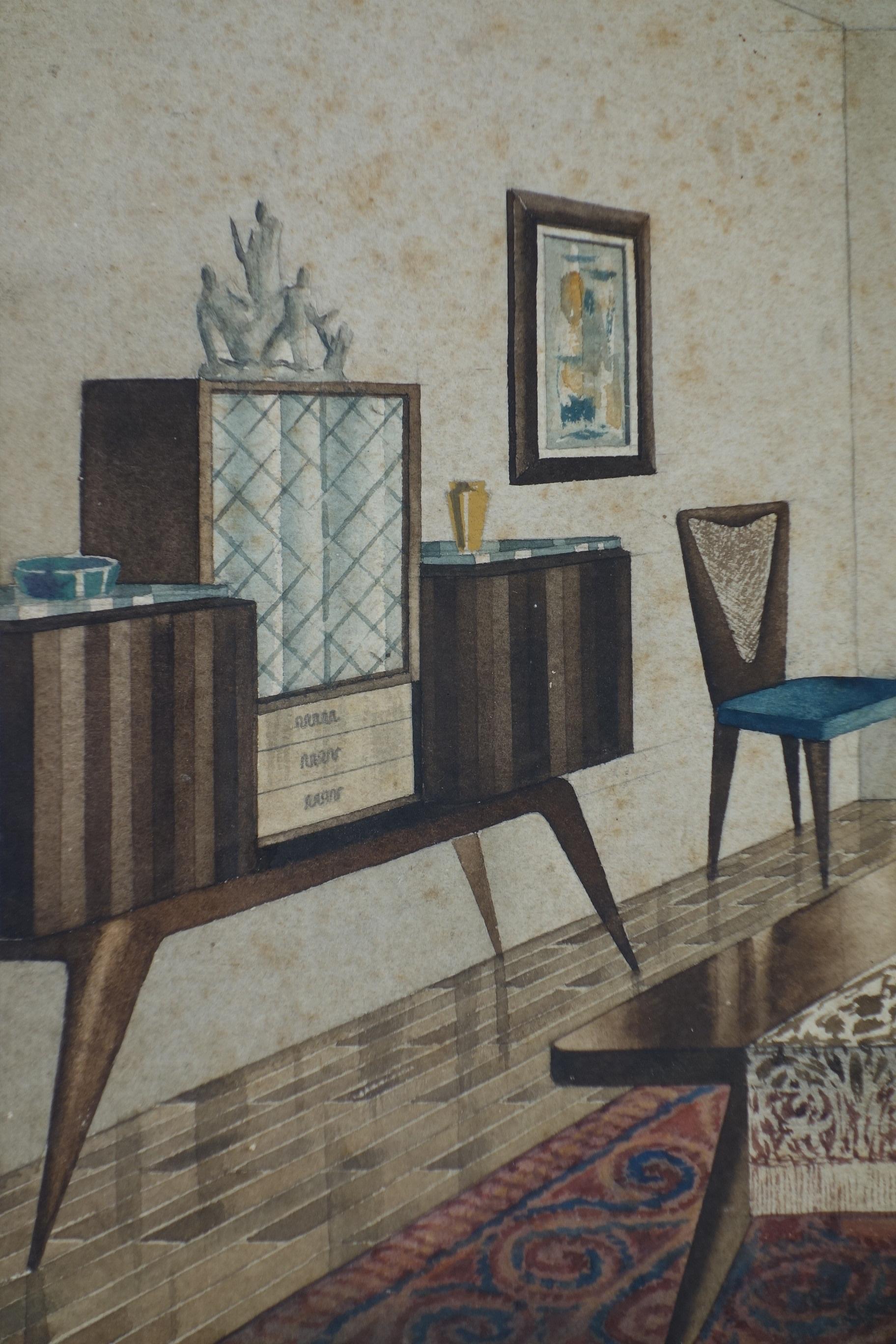1920 Varisco & Calderara Architekt Art Deco Zeichnung Wohn-Interieur-Design (Handbemalt) im Angebot